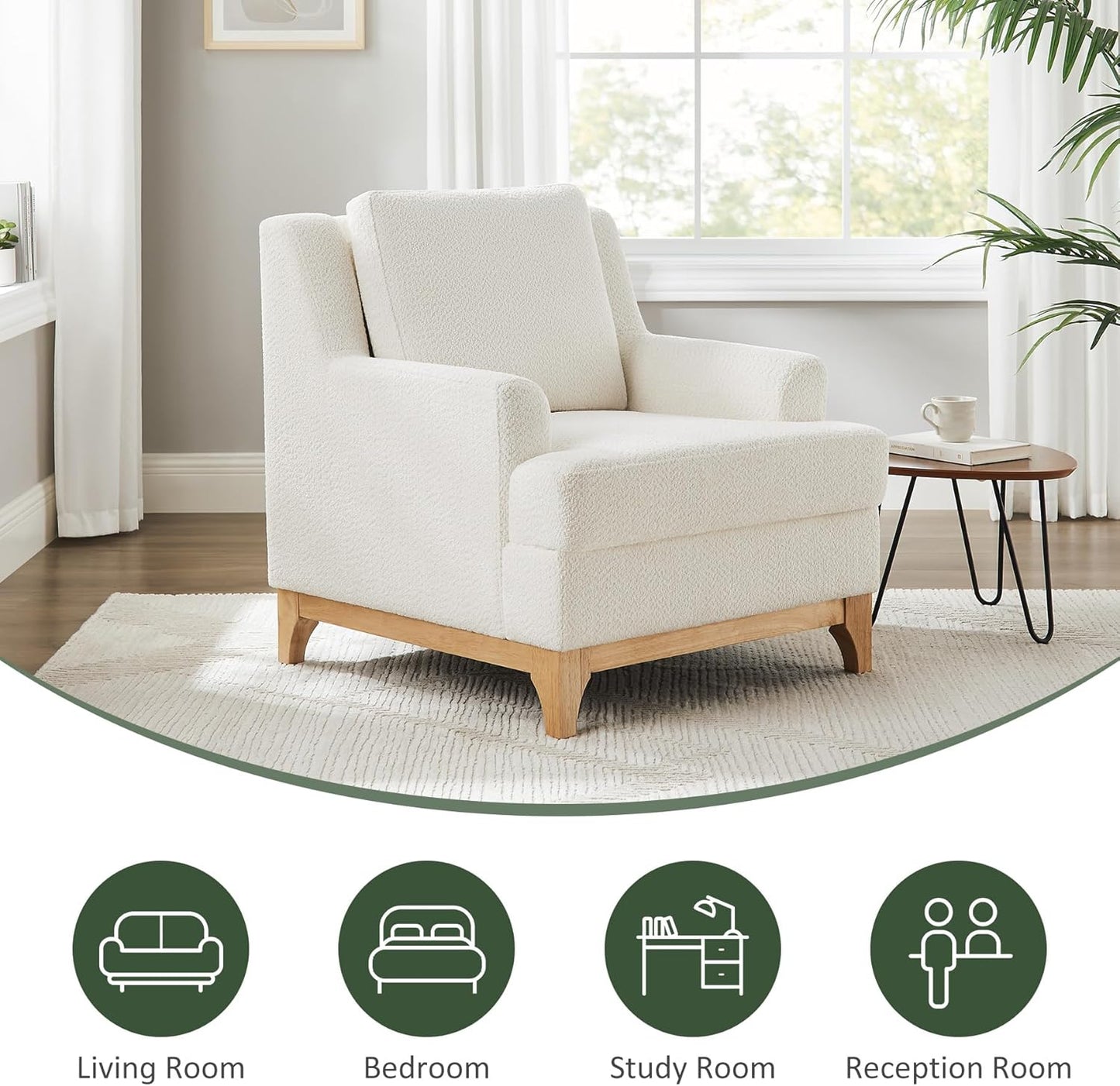 Oversized Accent Chair, Modern Boucle Armchair with Wood Legs, Modern Reading Chair with Thick Cushion, Comfy Chairs for Living Rooms, Bedrooms, Reading nooks and Apartments