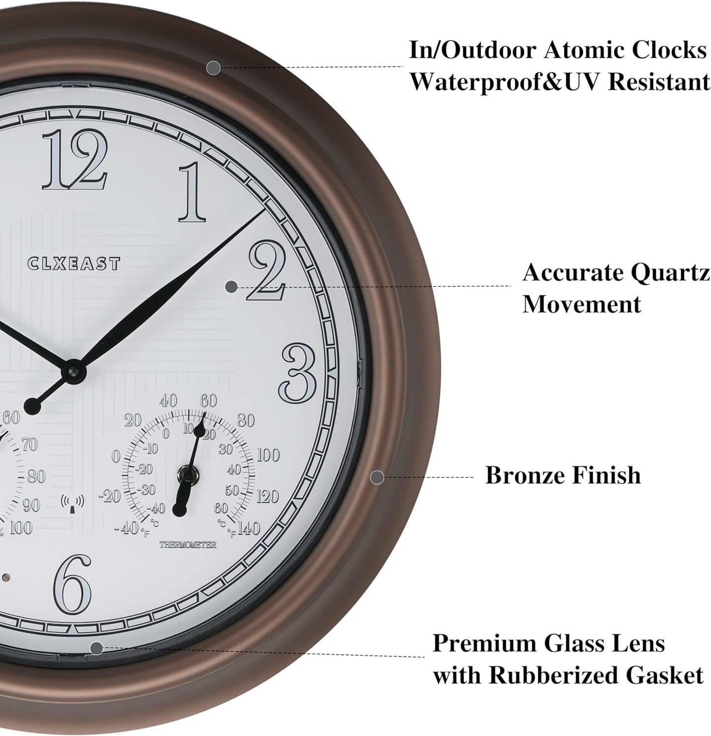 CLXEAST 18 Inch Illuminated Outdoor Indoor Atomic Analog Wall Clock with Temperature & Humidity, Lighted Outdoor Clocks for Patio Large Waterproof with Thermometer,Bronze Finish,House Warming Gifts