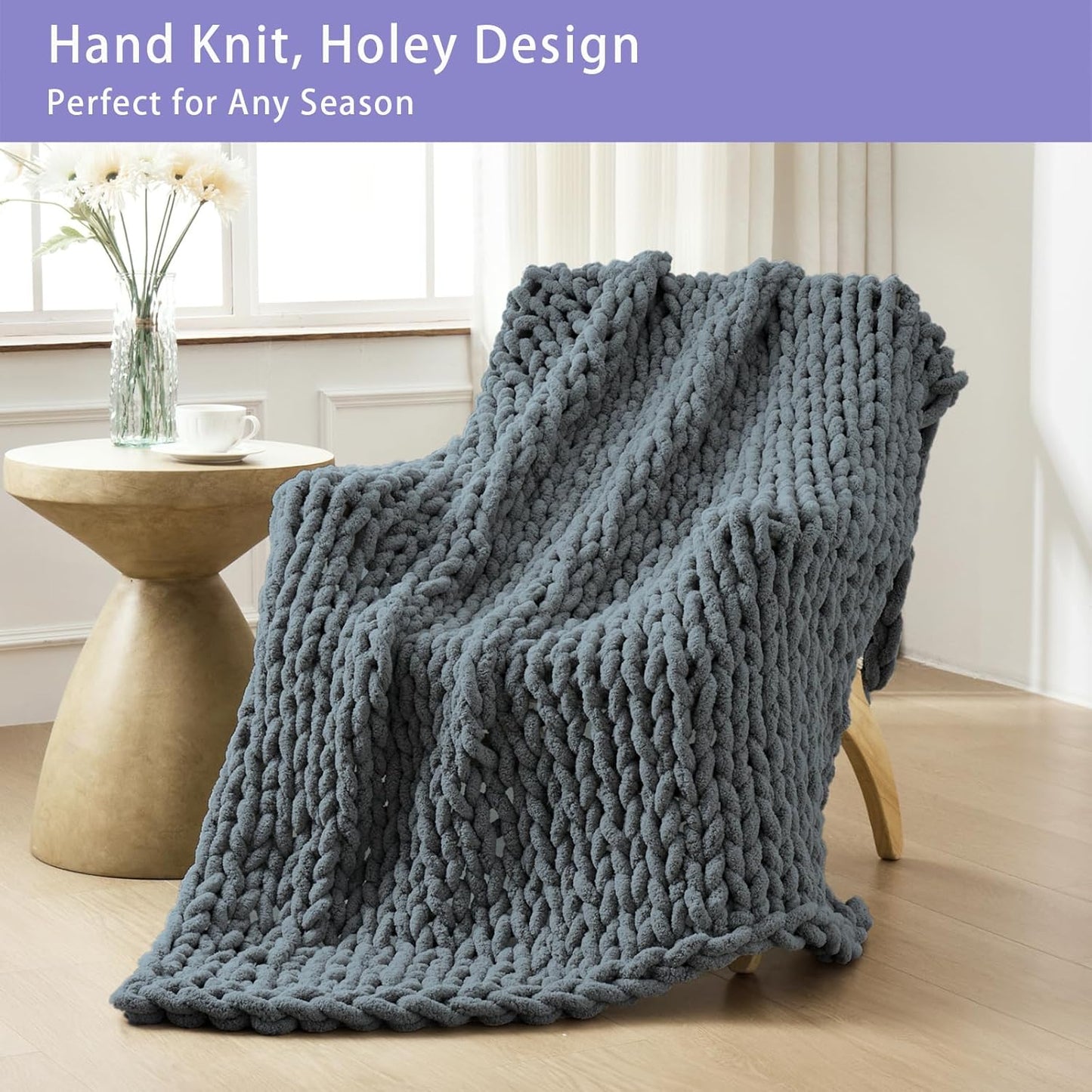 Bigacogo Chunky Knit Throw Blanket for Couch, 60x80 inches, 100% Hand Knitted with Thick Jumbo Chenille Yarn, Cozy Soft Large Rope Knot Cable Crochet Blankets for Sofa Bed Living Room, Iron Gray