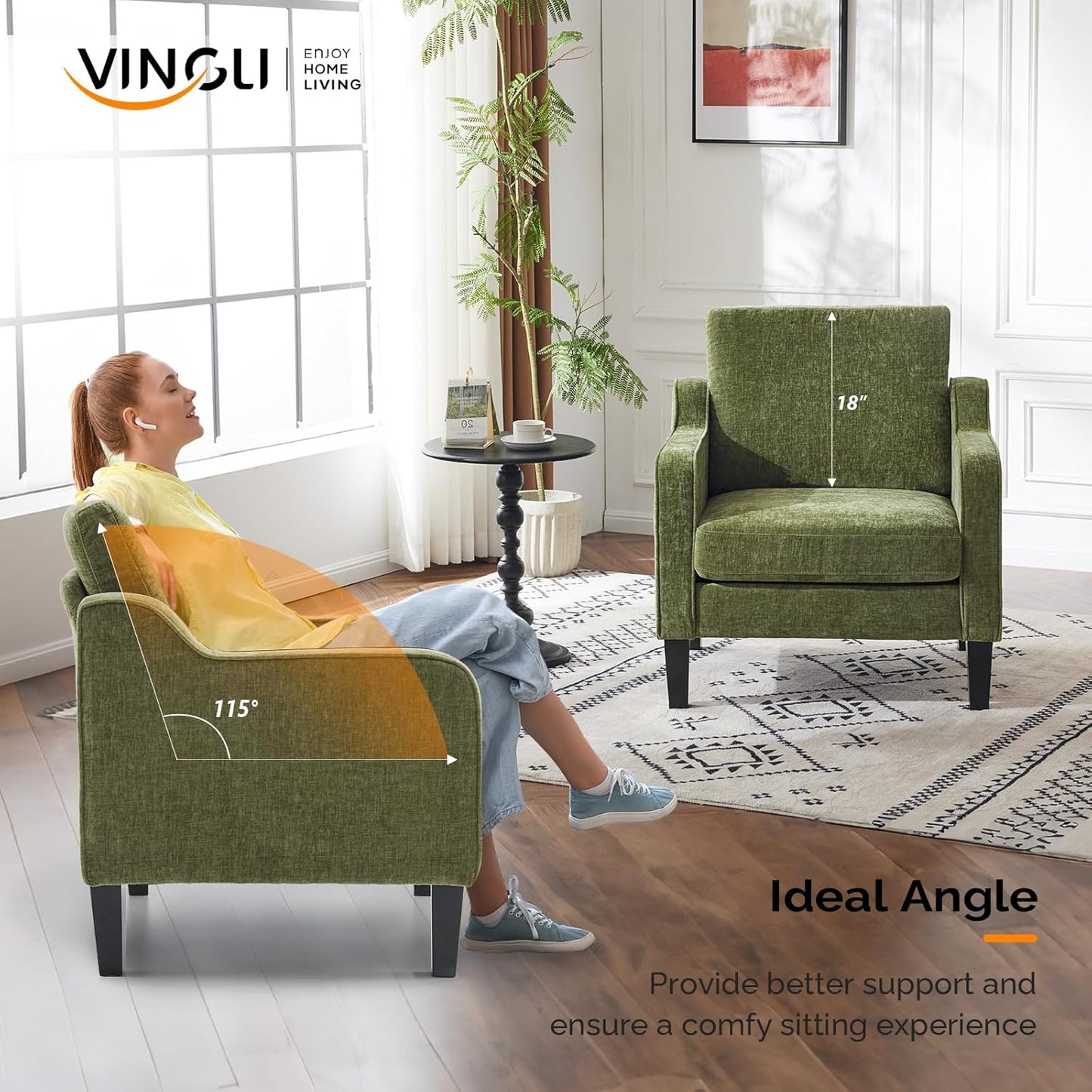 VINGLI Accent Chairs Set of 2 Living Room Chairs Olive Green Reading Chair for Bedroom Scooped Arm Chair Mid Century Modern Accent Chairs Upholstered Comfy Chair for Apartment, Waiting Room