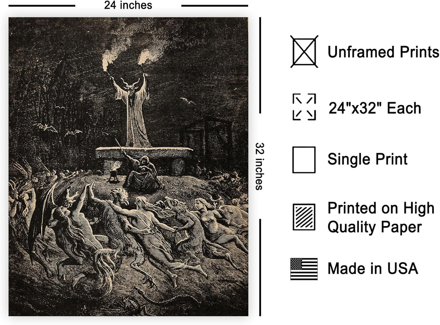 Poster Master Vintage Gustave Dore Poster - Retro Illustration Print - Gift for Gothic, Horror Fan - Dance of Sabbath, Witch, Magic, Spell - Wall Decor for Bedroom, Dorm, 24x32 Unframed Wall Art