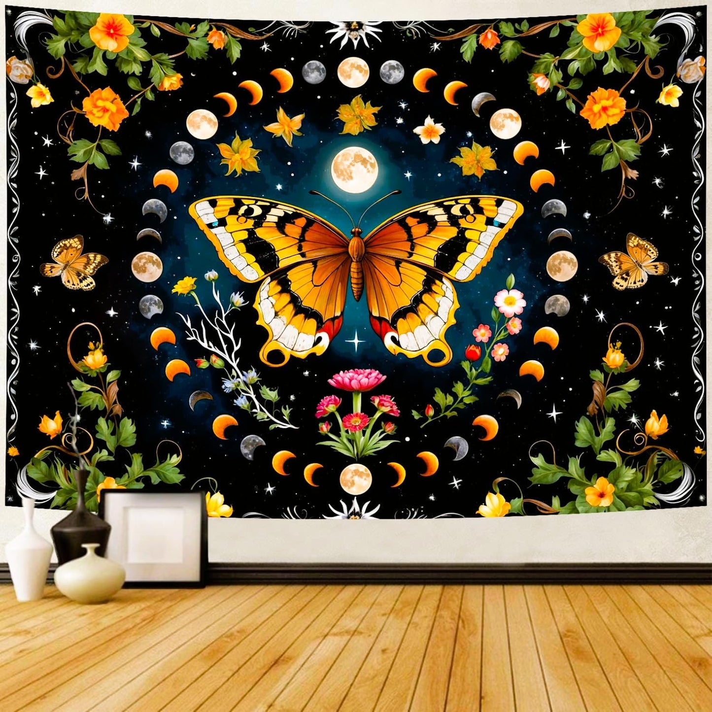 Delur Butterfly Moon Flower Tapestry Botanical Floral Plant Boho Tapestry Wall Hanging Mandala Aesthetic Mushroom Retro Vintage Headboard for Bedroom Living Room Home Decor (59.1" x 78.7")