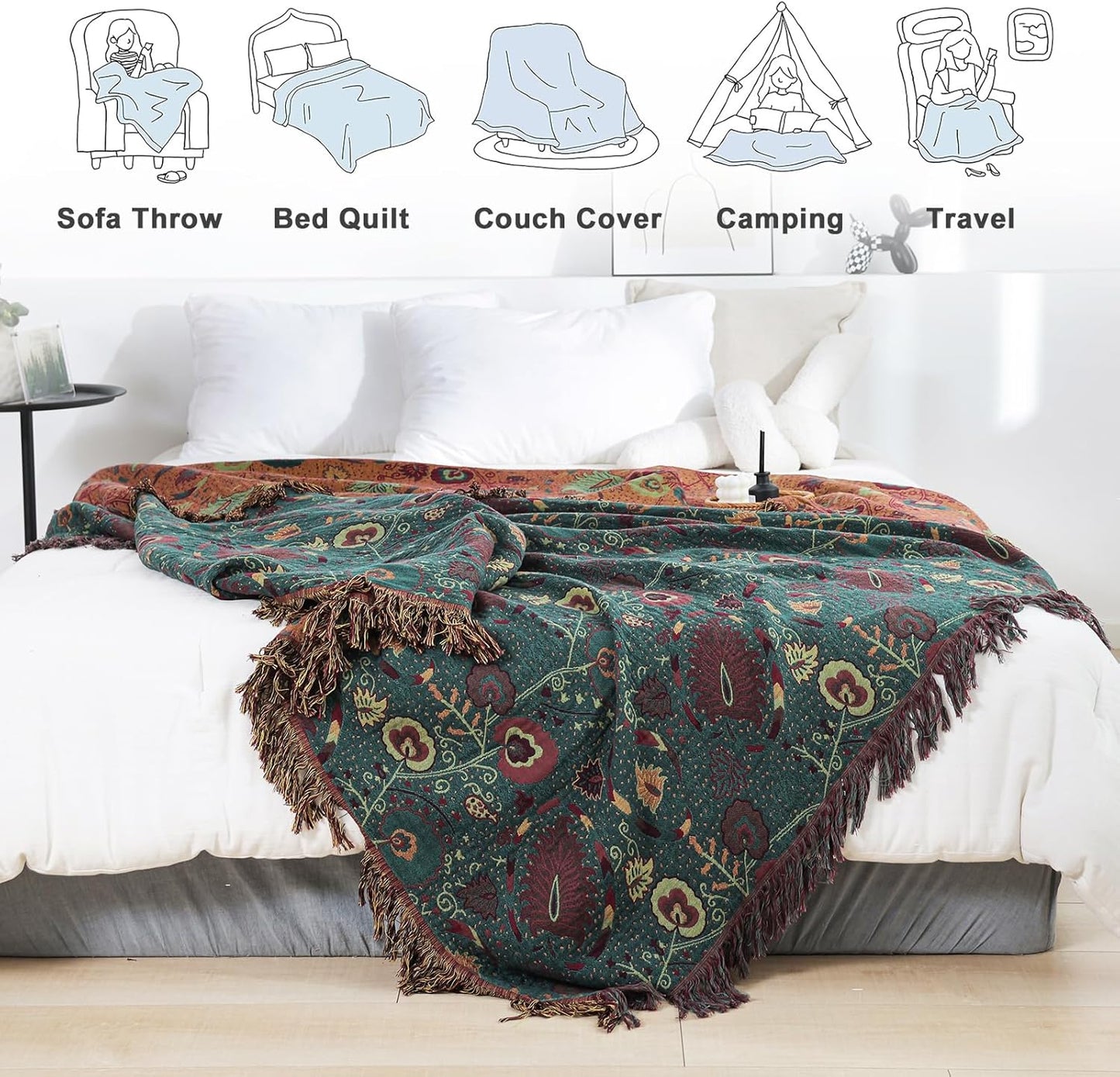 MSGKV Cotton Bed Blanket for Couch and Sofa Blankets for Living Room Bedroom Reversable Florals Throw 90"x98" Breathable Cozy Boho Blankets