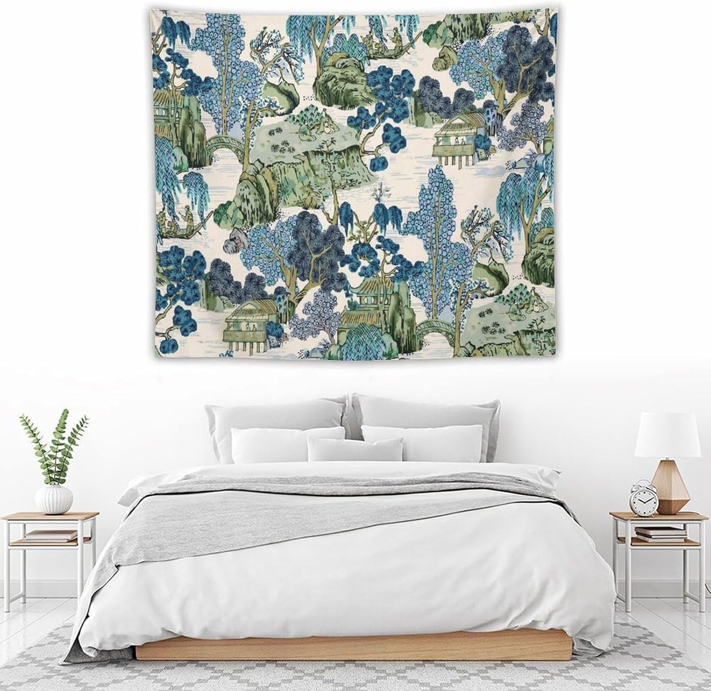 Chinoiserie Tapestry,Asian Watercolor Abstract Art Tapestry,Asian Japanese Wall Tapestry, Nature Landscape Tapestries for Bedroom Living Room Decor 60"x50"