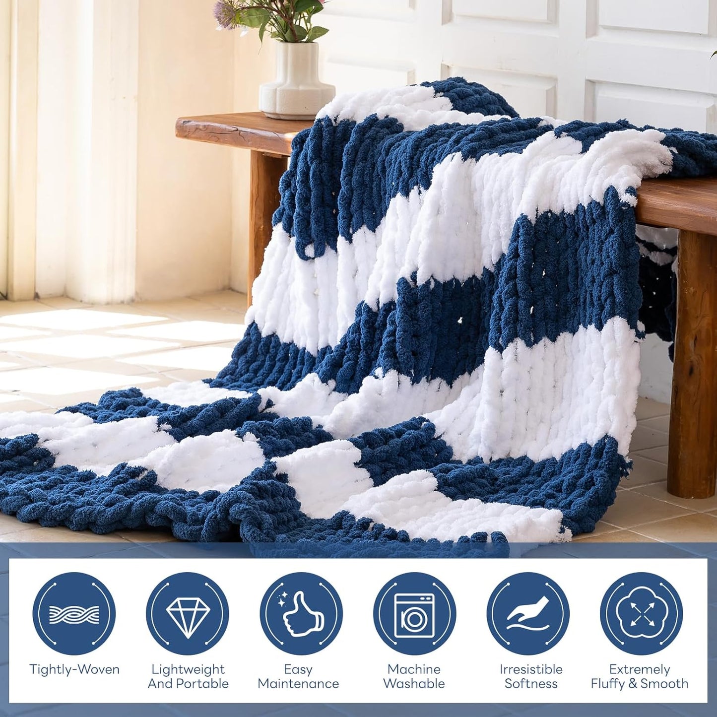 Chunky Knit Blanket - Luxury Soft Cozy 50 * 60 Throw Blanket,100% Woven Blanket Rope Knot Throw Blanket for Couch, Sofa, Home Decor, Gift - Machine Washable（White/Deep Blue）