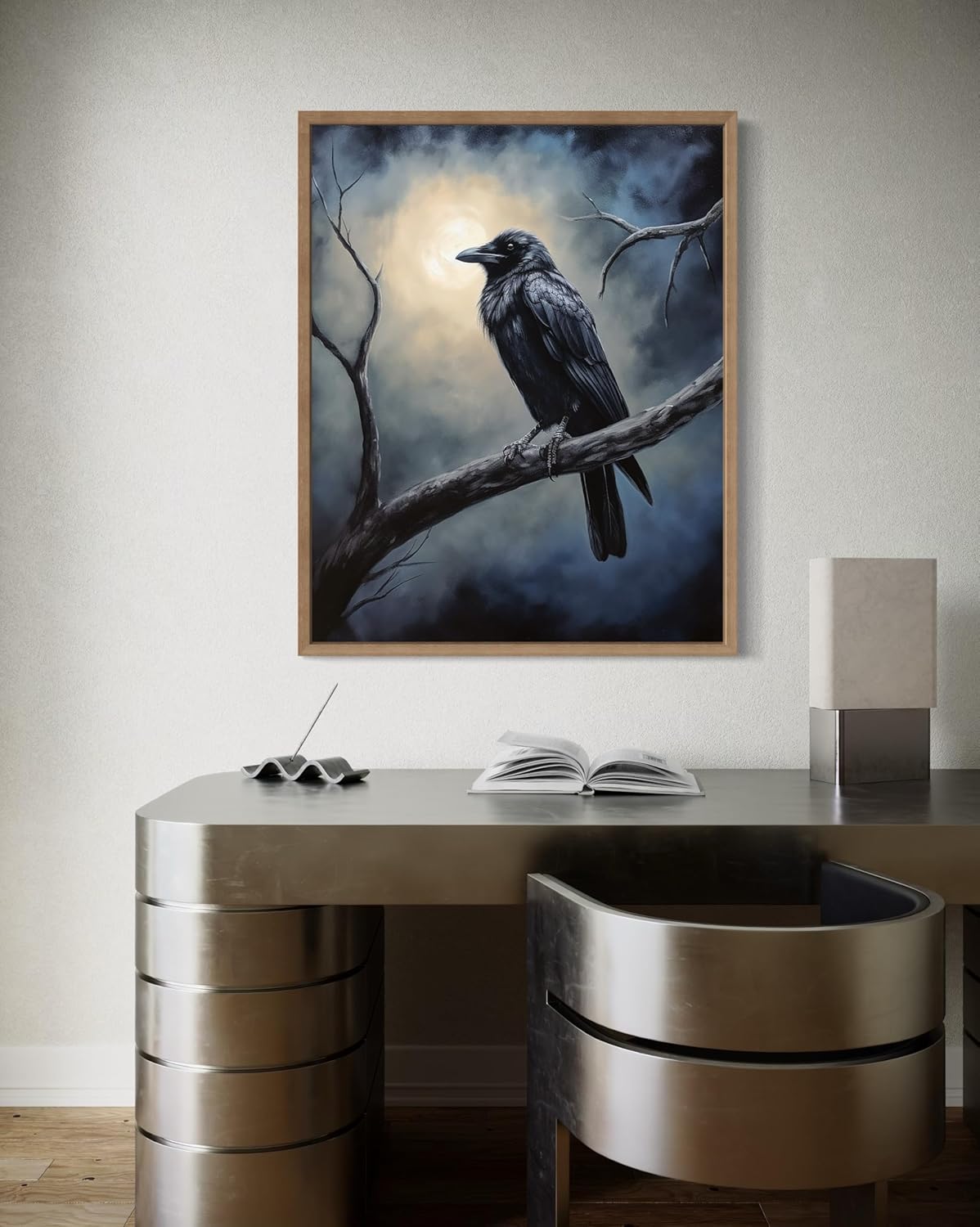 Crow under the Moonlight Poster Art Print, Halloween Scary Vintage Wall Art Academia Spooky Painting Decoration for Horror Prints, Gothic Posters Bedroom Decor 89 (Crow under the Moonlight, 16 x 20 inches, Wood Frame)