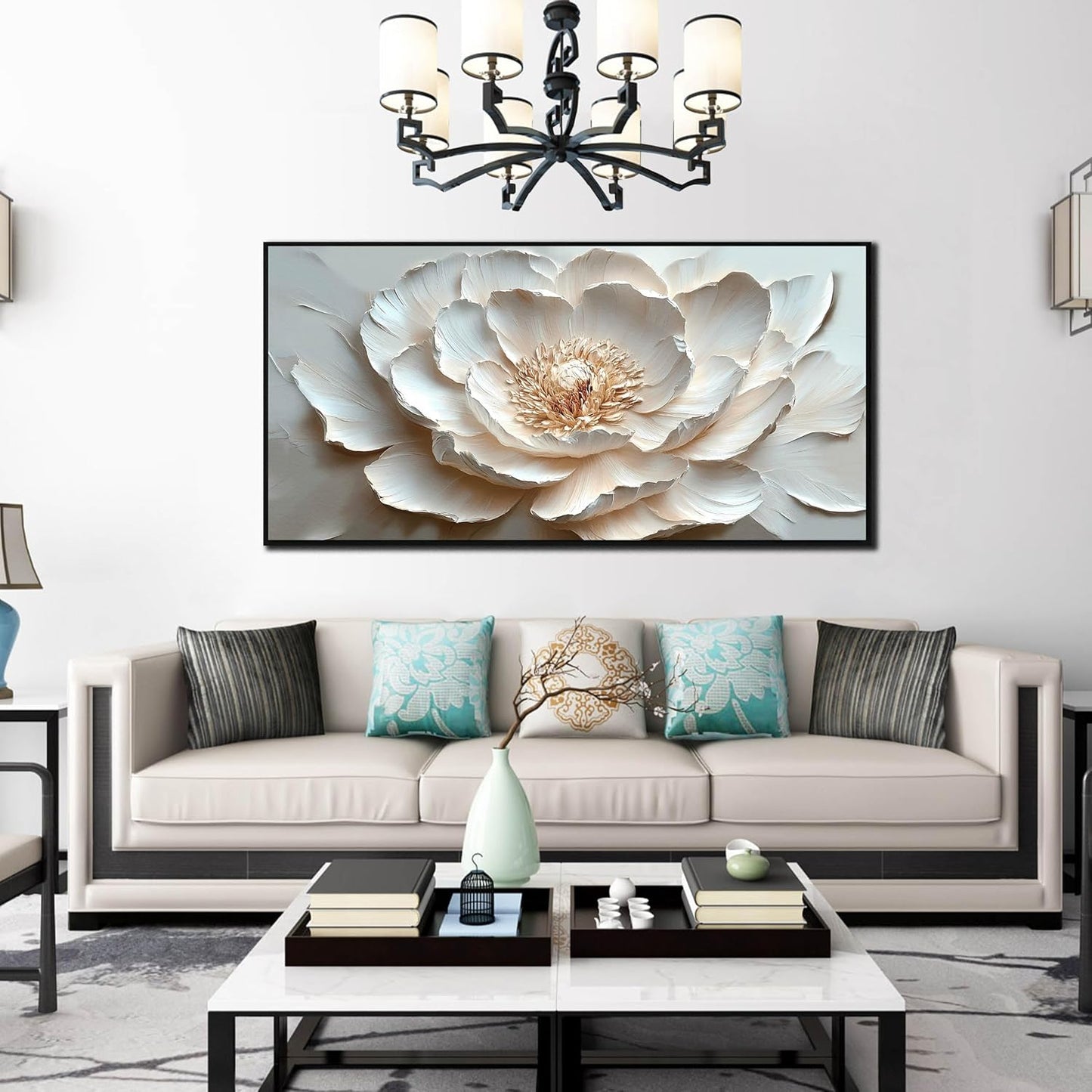 Flower Art Wall Decor for Living Room - White Canvas Wall Art for Office - Large Black Framed Wall Art for Bedroom Size 29" x 59"