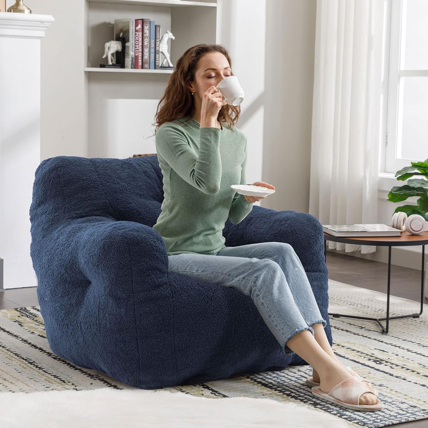 Recaceik Bean Bag Chairs, Tufted Soft Stuffed Bean Bag Chair with Filler, Fluffy Lazy Sofa, Imperial Lounger Giant Bean Bag Chair for Bedroom, Living Room, Blue, Large