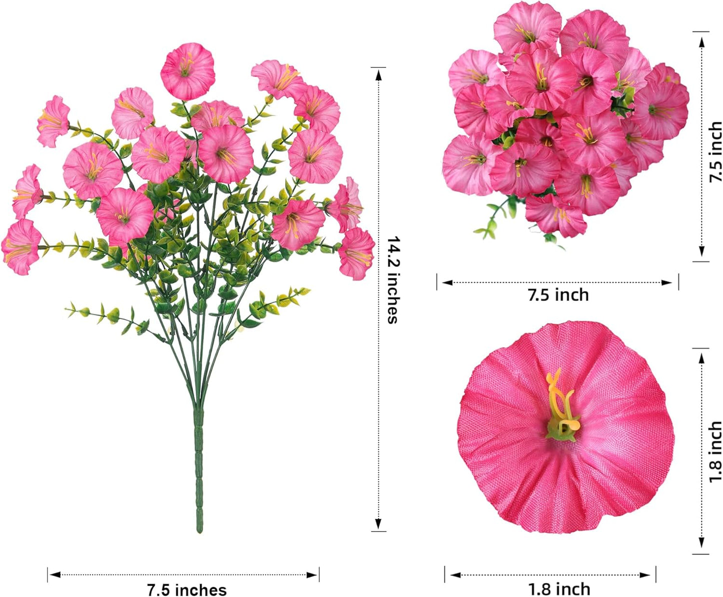 Artificial Flowers for Outdoors Fake Plants Outside Decoration, 12 Bundles Silk Pink Morning Glory with Eucalyptus UV Resistant Look Real Faux Flowers for Planter Front Door Yard Gardens Home