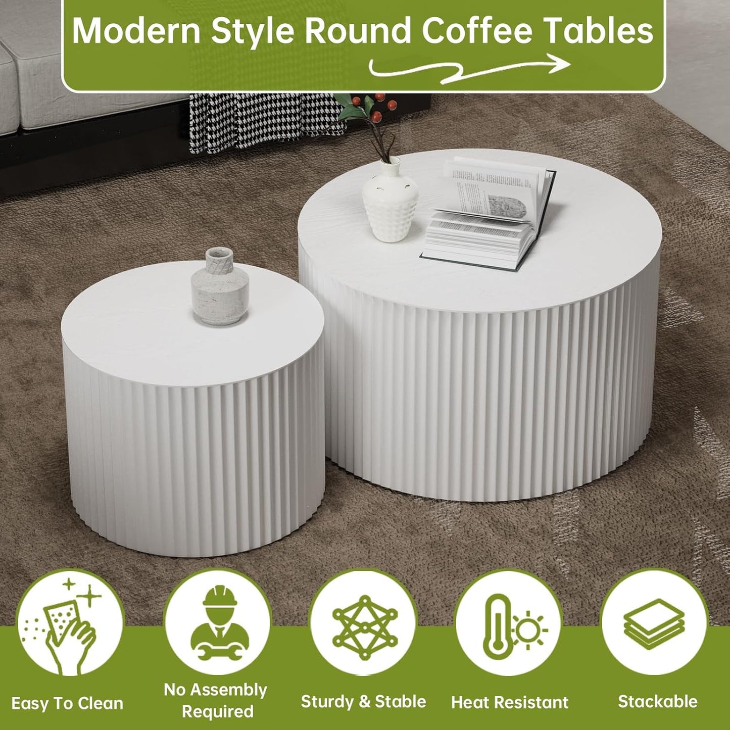 Round Nesting Coffee Table Modern White Fluted Coffee Table Set of 2 Stripe Cream Round Coffee Tables Circle Drum Coffee Tables Side Table Accent End Table for Living Room (White B Large)