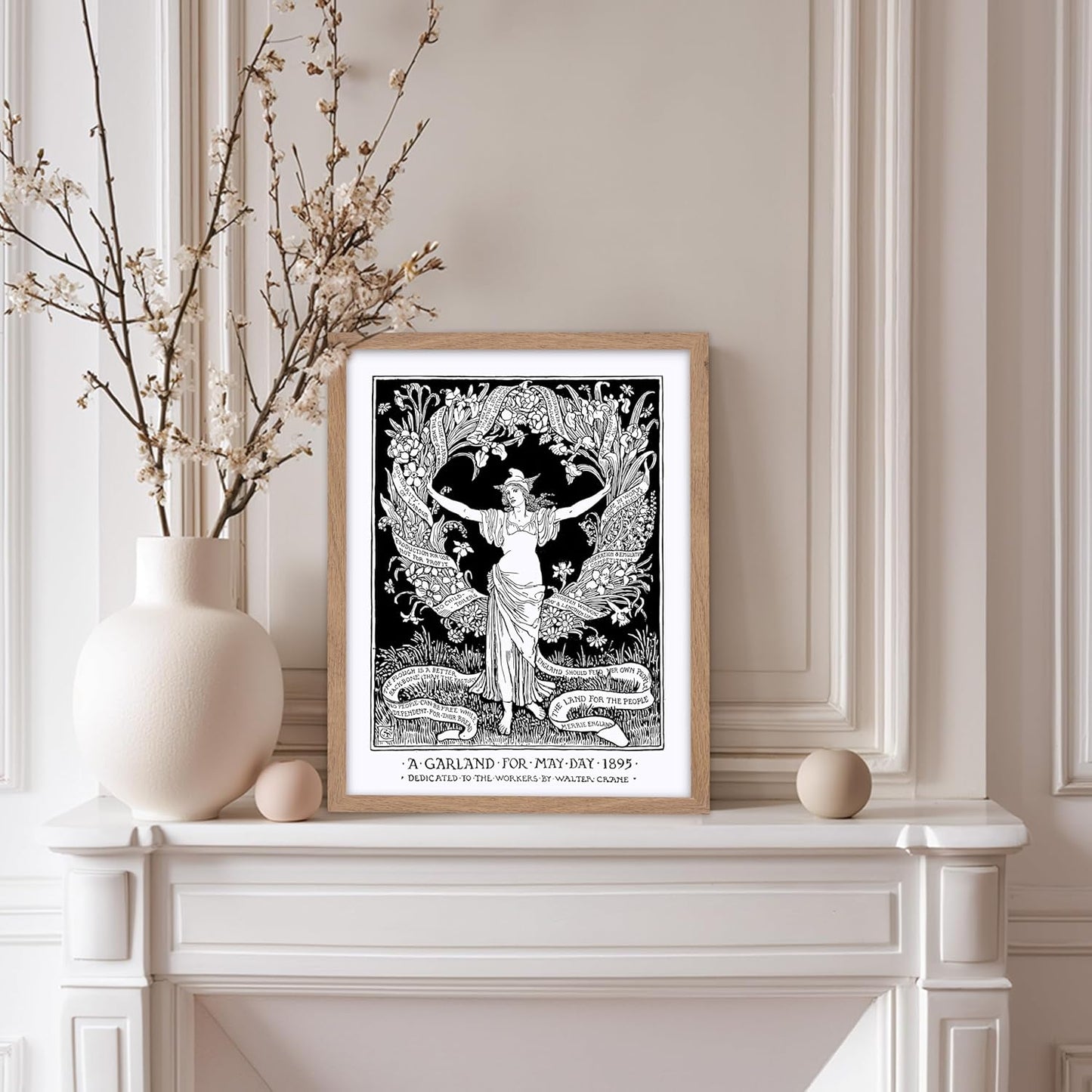 Poster Master Vintage Walter Crane Poster - Retro A Garland for May Day Print - Socialist Art - Gift for Him, Her, Men, Women - Wall Decor for Home, Office, Living Room, 8x10 Beige Framed