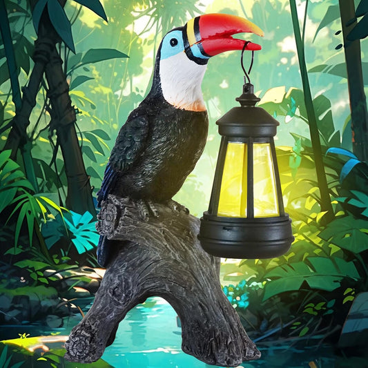 Toucan Garden Statues Decor, Solar Waterproof 9.5" Colorful Tropical Bird Sculpture with LED Lights Funny Garden Outdoor Exotic Bird Sculpture Decoration for Lawn Porch Yard Patio Tiki Bar