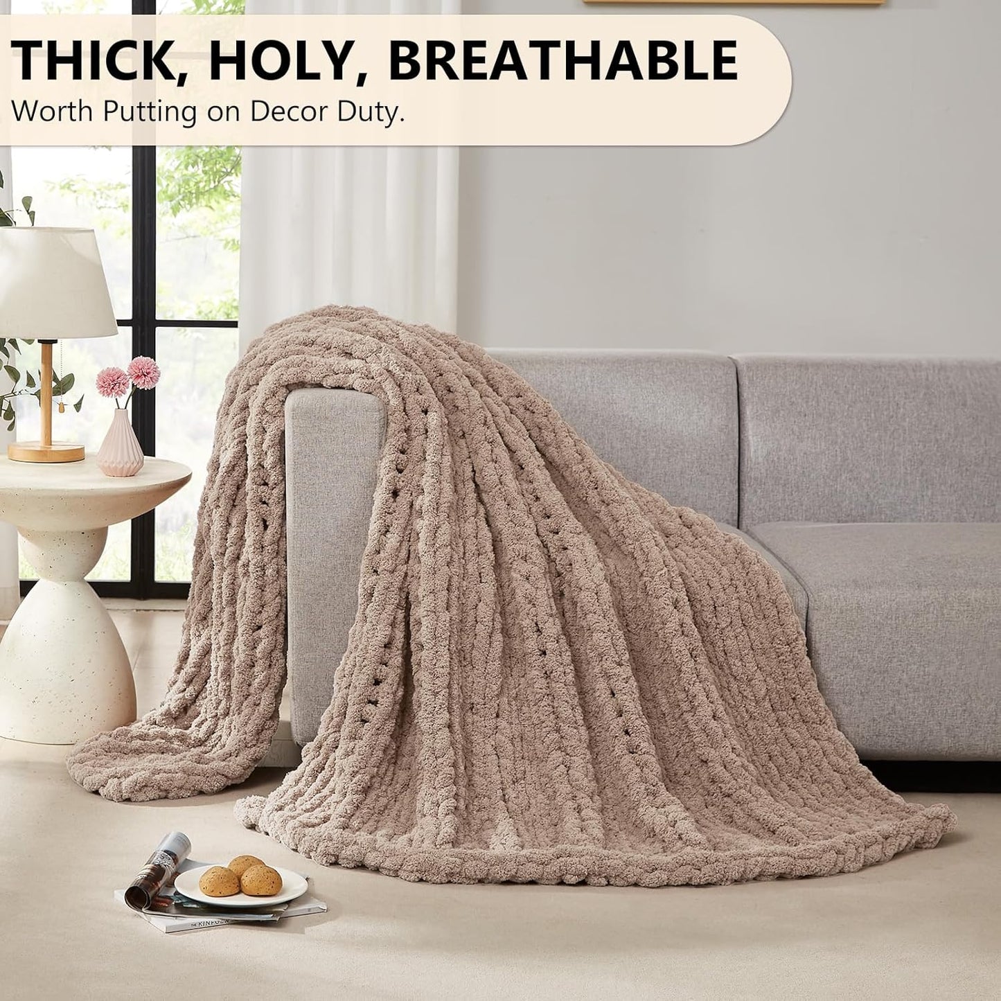 L'AGRATY Chunky Knit Blanket Throw: 50''x60'' Chenille Chunky Knitted Throw Blanket for Bed Couch - Handmade Thick Big Cable Knit Blanket - Large Crochet Rope Blanket for Home Decor(Light Taupe)