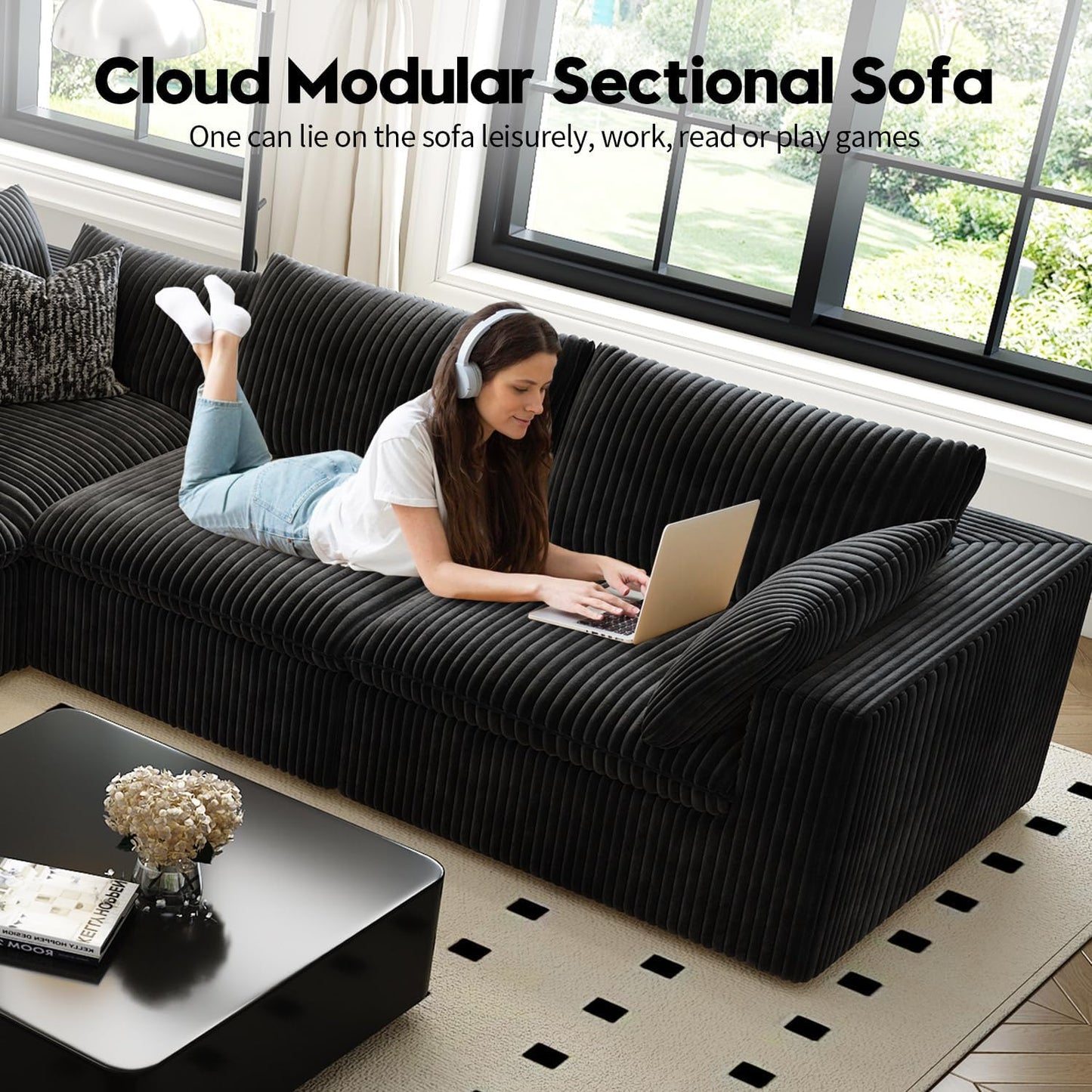 118" Cloud Couch Modular Sectional Sofa for Living Room,Modern Sofa with Deep Seat，L-Shape Boneless Couch with Ottoman,Comfy Upholstered Corduroy Couches for Apartment, Studio, Office,Bedroom，Black
