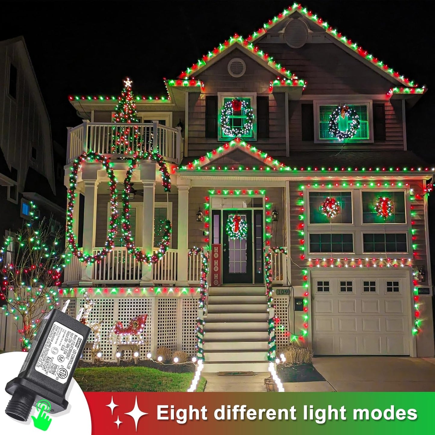 400 LED Christmas Lights Outdoor, 132ft Red and Green String Lights for Bedroom Clear Wire, 8 Modes Plug in Waterproof Fairy String Lights with Timer Memory for Tree Christmas Halloween Decorations