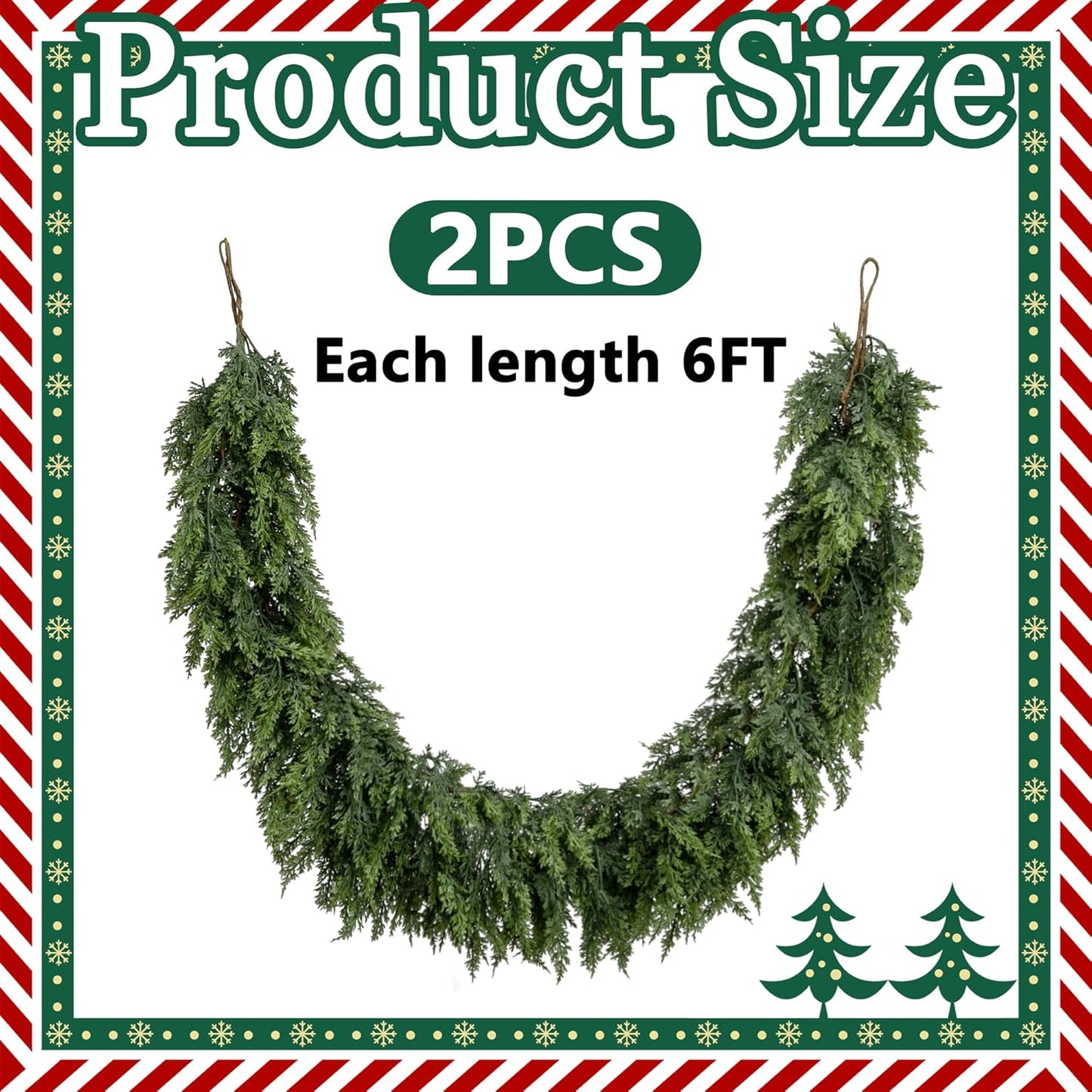 2 Pcs Christmas Norfolk Pine Garlands, 6 Ft Double Color Real Touch Artificial Cedar Garland, Faux Pine Cypress Greenery Garland Ornaments for Mantle Fireplace Table Indoor Outdoor Xmas Decoration