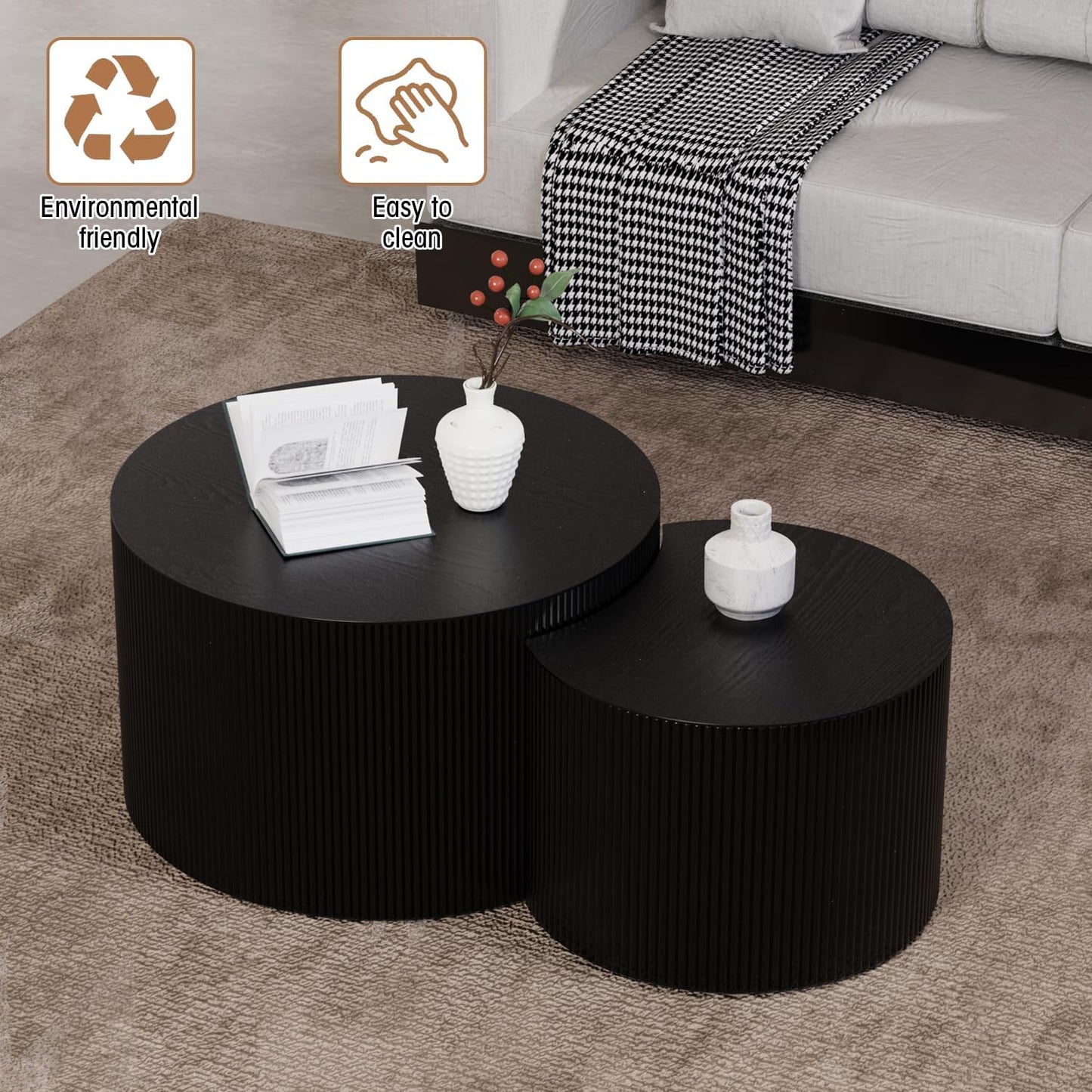 Round Nesting Coffee Table Wood Drum Nesting Tables Modern Stacking Coffee Table Set of 2 Fluted Center Table End Table for Living Room Home Office Small Spaces, No Assembling (Black Crescent)
