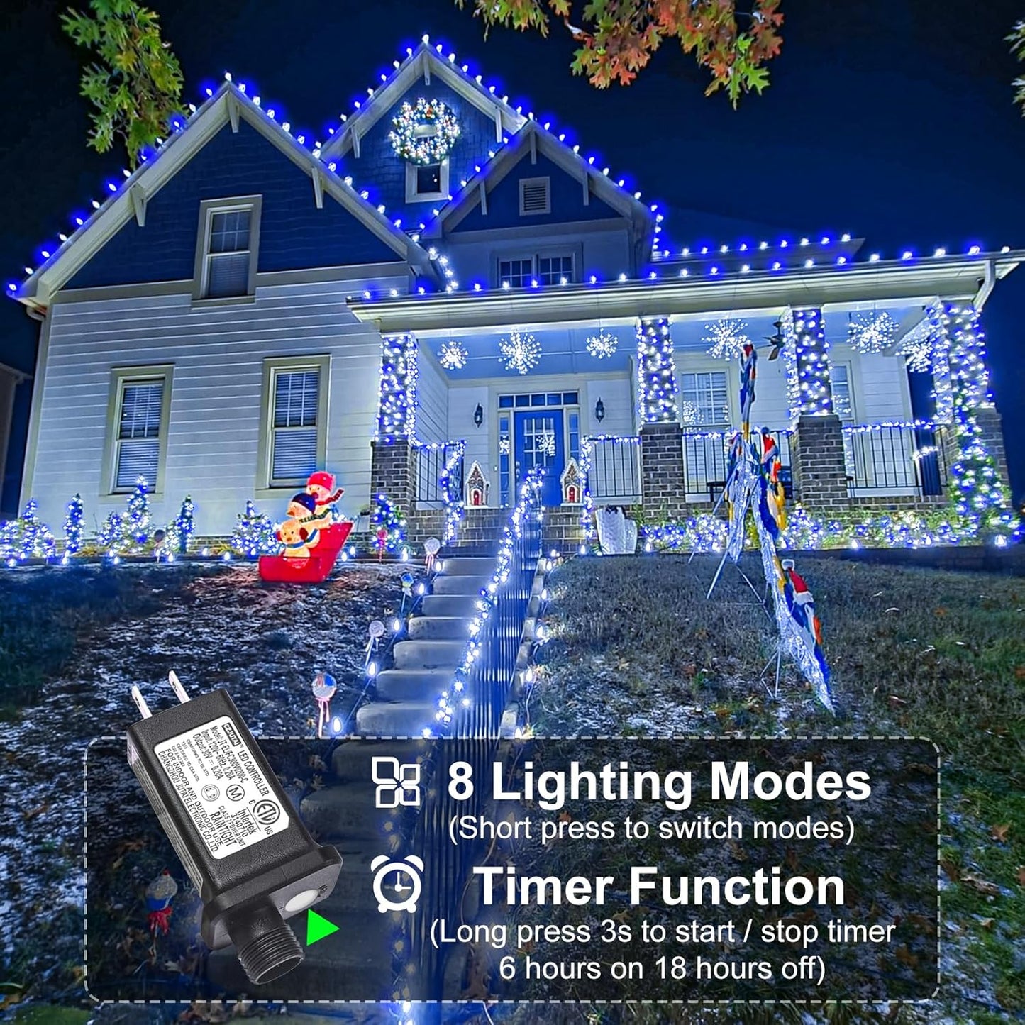 Christmas Lights Outdoor, 100FT 300 LED Christmas Tree Lights with 8 Modes Waterproof, Connectable Green Wire Twinkle Tree Lights for Indoor Patio Garden Party Decorations, Blue White