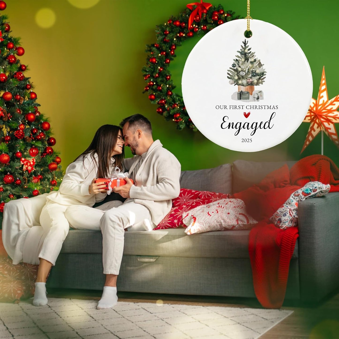Our First Christmas Engaged Ornament 2025,Just Engaged Gifts for Couple, Ceramic Keepsake Engagement Ornaments 2025 with Ribbon and Gift Box