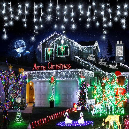 99ft 1216 LED Icicle Christmas Lights Outdoor - 8 Modes Icicle Lights with 228 Drops, Waterproof Plug in Fairy Curtain Light with Timer Memory for Party Holiday Wedding Decorations, Cool White