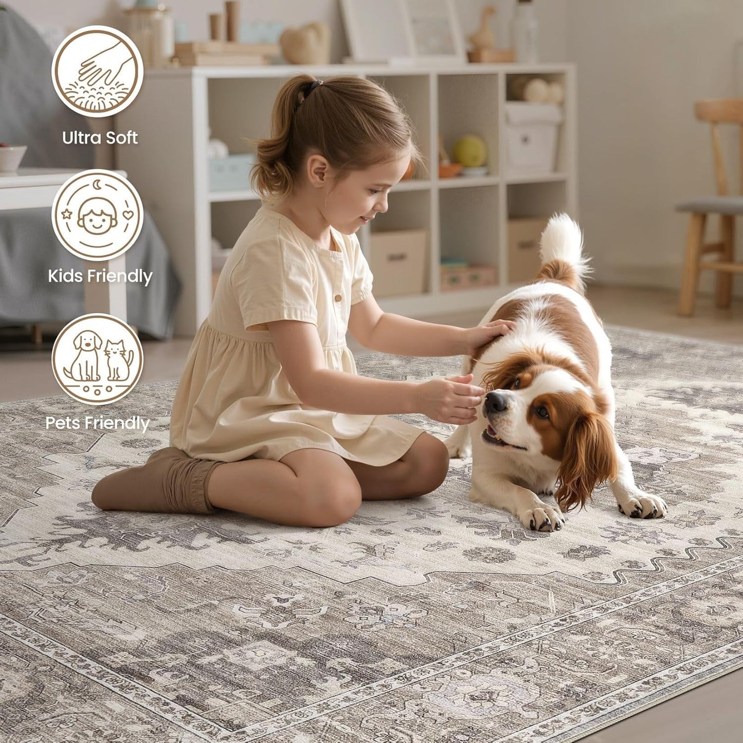 Washable Area Rugs for Living Room - 10x14 Neutral Vintage Distressed Floral Farmhouse Boho Large Soft Floor Rug Indoor Non Slip Carpet for Living Room Bedroom Dining Room Office-Brown/Beige