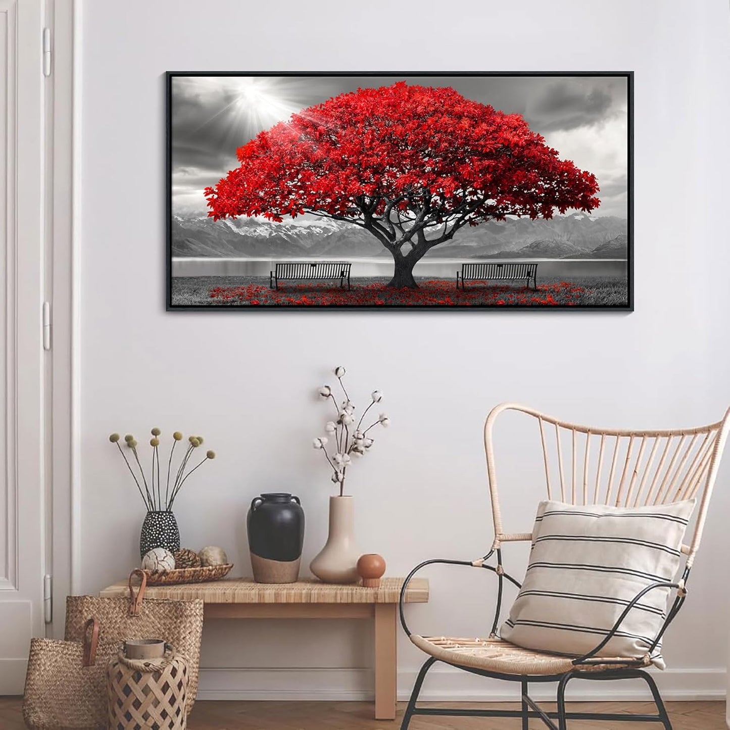 AJAZIKO Red Wall Art - Modern Framed Wall Art for Living Room - Red Tree Black and White Landscape Canvas Prints Posters & Prints for Home Office Bedroom Decorations - Large Wall Pictures 24×48IN