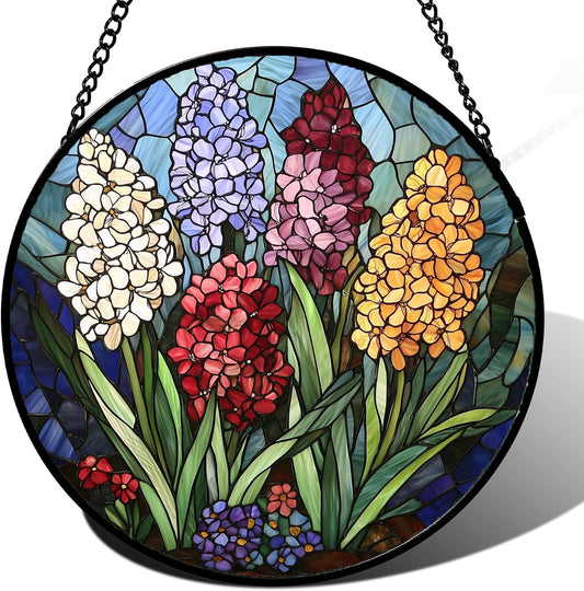Stained Glass Window Hanging, Colorful Hyacinth Flowers Suncatcher for Doors Window Home Plant Sun Catchers Decoration Mother's Day Birthday Gifts for Women, Men, and Mom 9.8x9.8 in