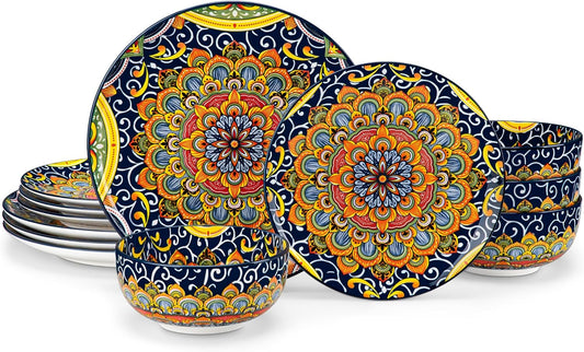 vancasso 12 Pieces Dinnerware Sets, Dark Green Plates and Bowls Set, Porcelain Dishes Set for 4, Microwave and Dishwasher Safe, Scratch Resistant, Bohemian Style Dining Ware Service for 4, Series SIMI