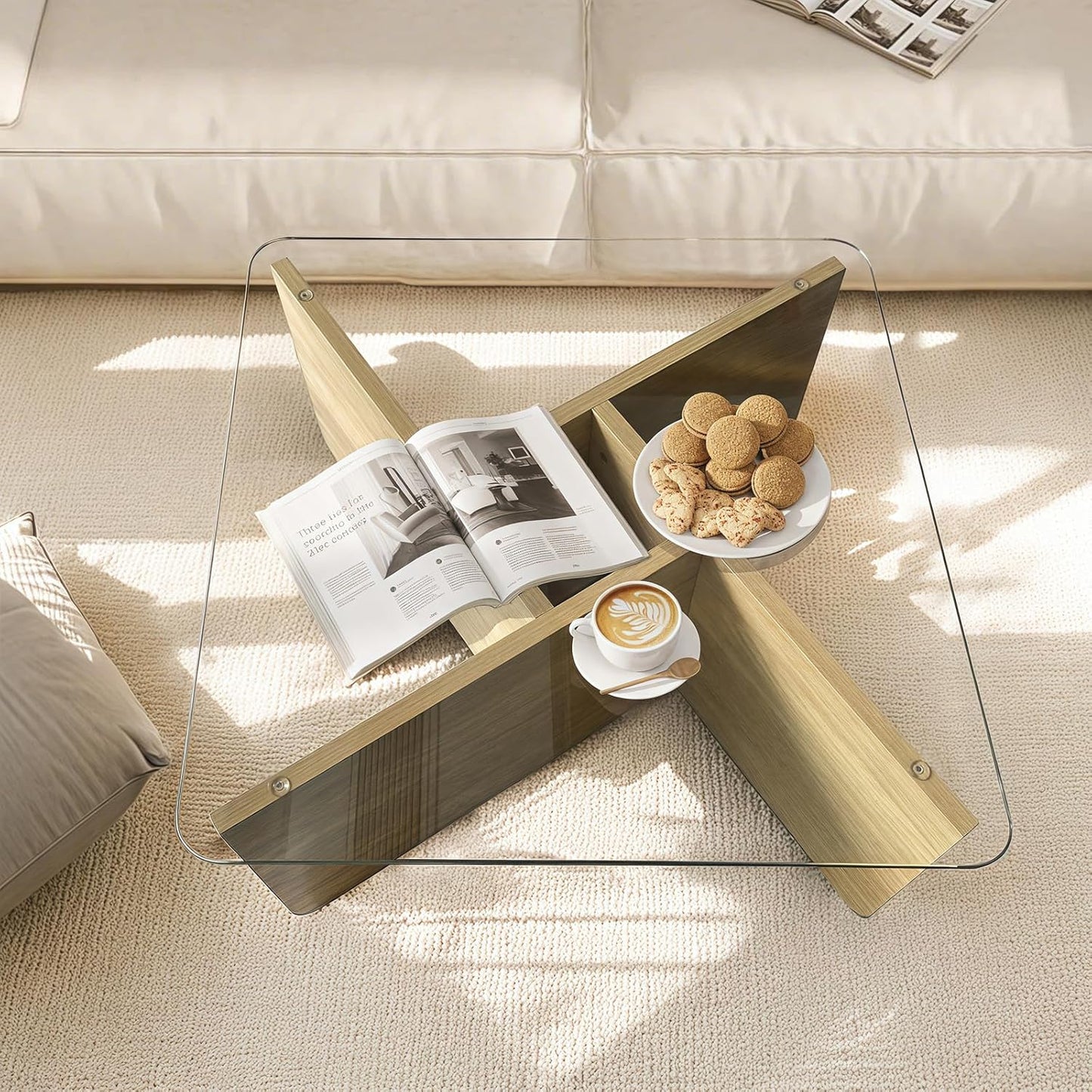 31.5" Glass Coffee Table, MDF Mid-Century Modern Square Coffee Table with Tempered Glass Top, Square Center Tables for Small Space Living Room Office Apartment, Wood