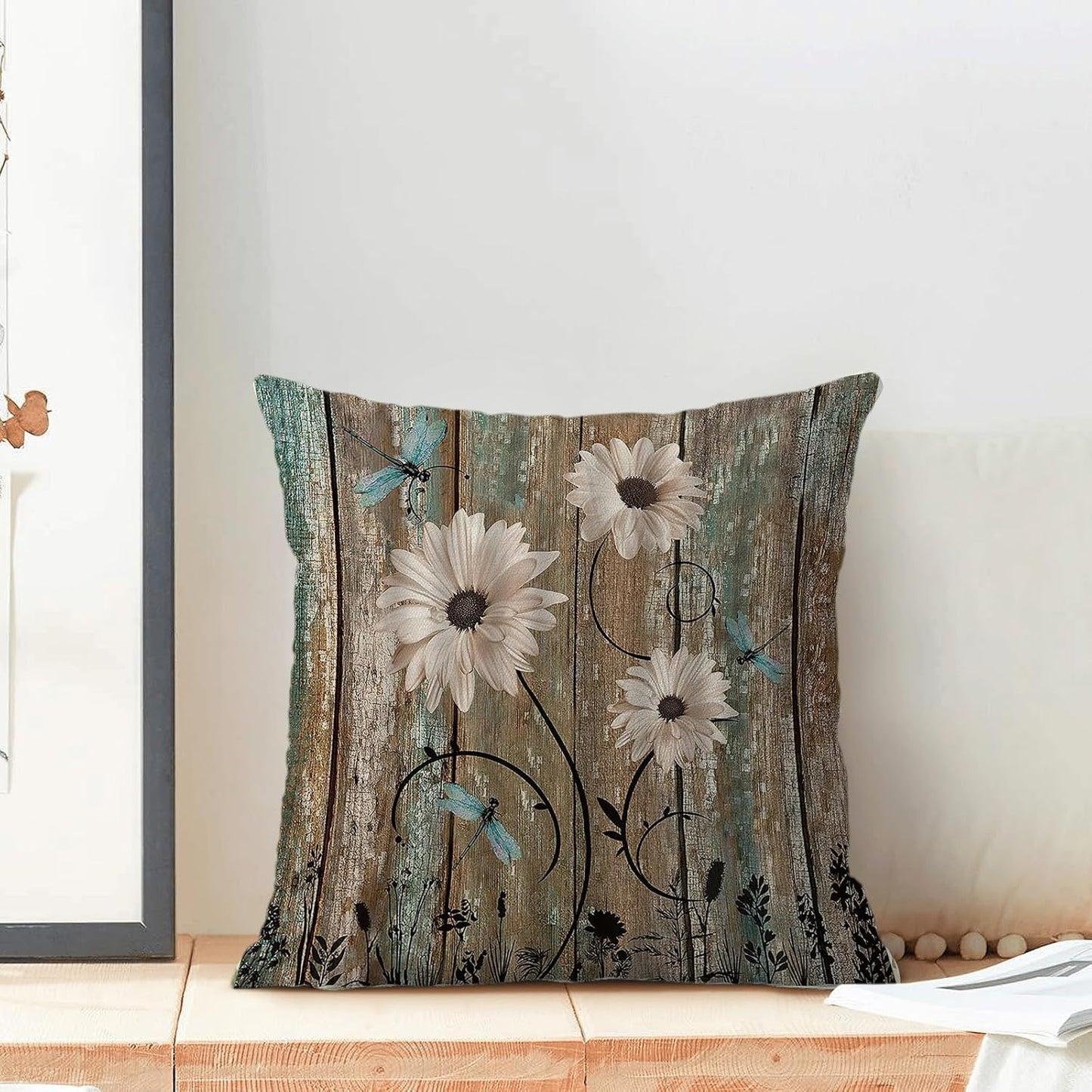 CXMEIFLY Spring Floral Pillow Covers 18 x 18 Inch Set of 2 for Brown Wood Texture Daisy Flowers Decor Throw Pillows Dragonfly Plant Floral Outdoor Decorative Cushion Cases for Couch Bed Decorations