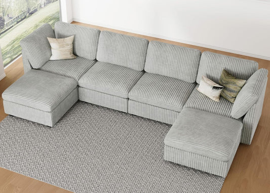 Belffin Modular Sectional Sofa with Storage Ottoman, Oversized Cloud Couch Sectional with Extra Deep Seat, Convertible Upholstered U Shaped Sectional Couches for Living Room, Plush Corduroy Light Grey