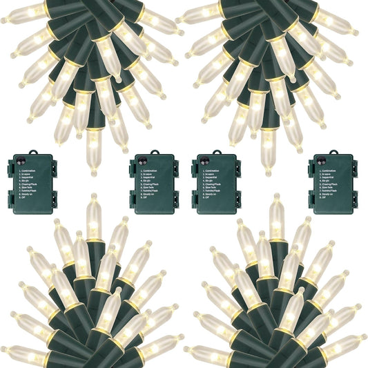 Joliyoou 4 Packs Total 200 LEDs 64ft Warm White Christmas String Lights, Battery Operated Christmas Mini String Lights with 8 Lighting Modes, Indoor Outdoor LED Xmas Fairy String Lights with Timer