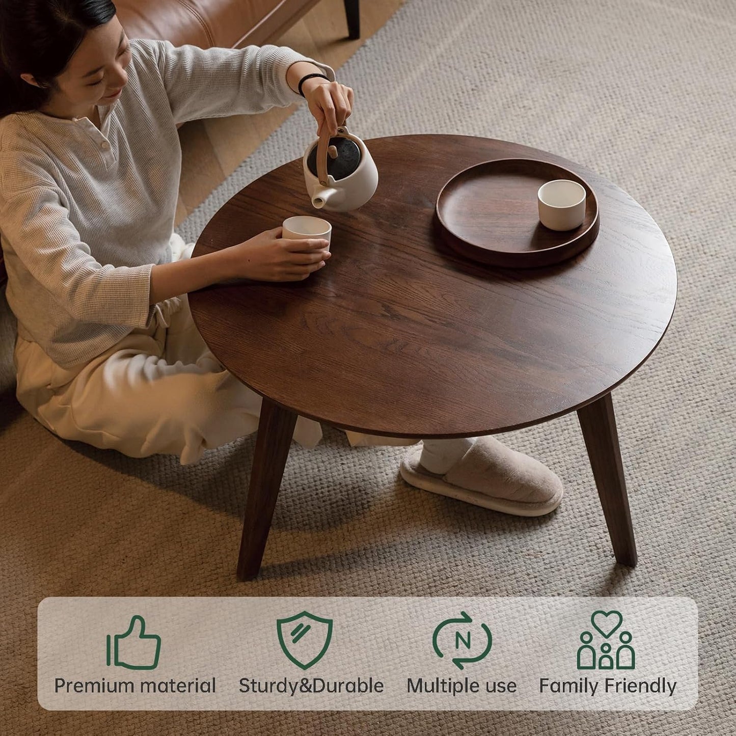 100% Solid Oak Wood Coffee Table Set, Round Coffee Table Combo Side Table w/Solid Wood Legs, Mid Century Table Sturdy Tables for Bedroom Balcony Living Room (Walnut, Big-Medium Combo)