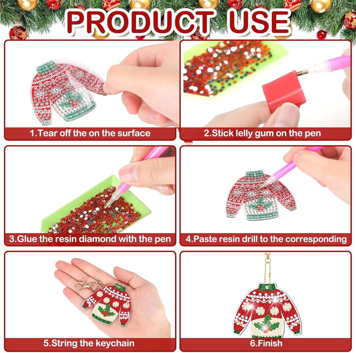 Tondiamo 20 Pcs Christmas Diamond Painting Keychain Kits 5D DIY Diamond Art Pendants Double Sided Hanging Key Chains for Christmas Party Decoration DIY(Sweater Style)