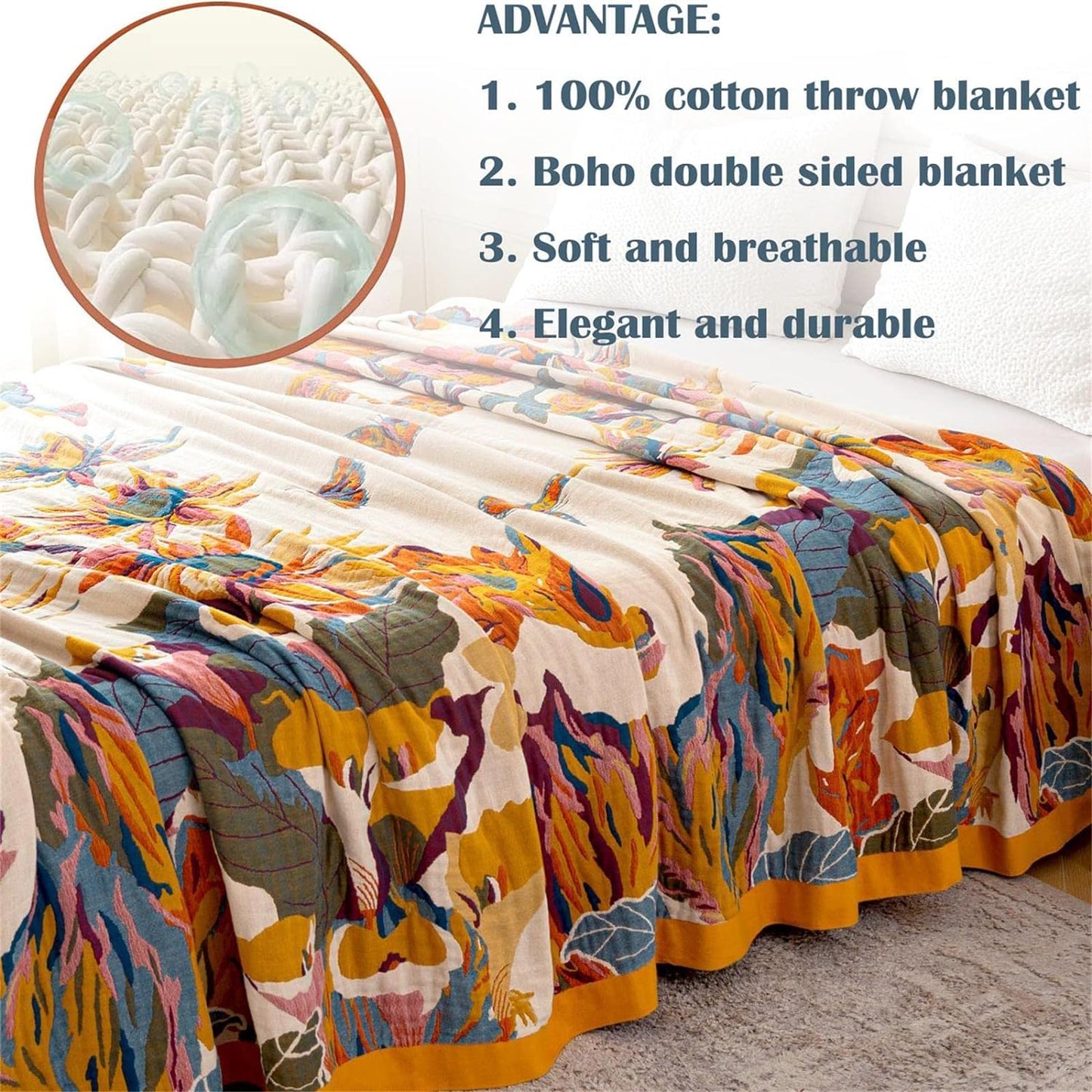 Boho Throw Blanket for Couch 100% Cotton Throw Floral Bed Blanket 80''x90'',Cotton Quilts Travel Knitted Muslin Blanket Home Decor Cozy Blankets for Women