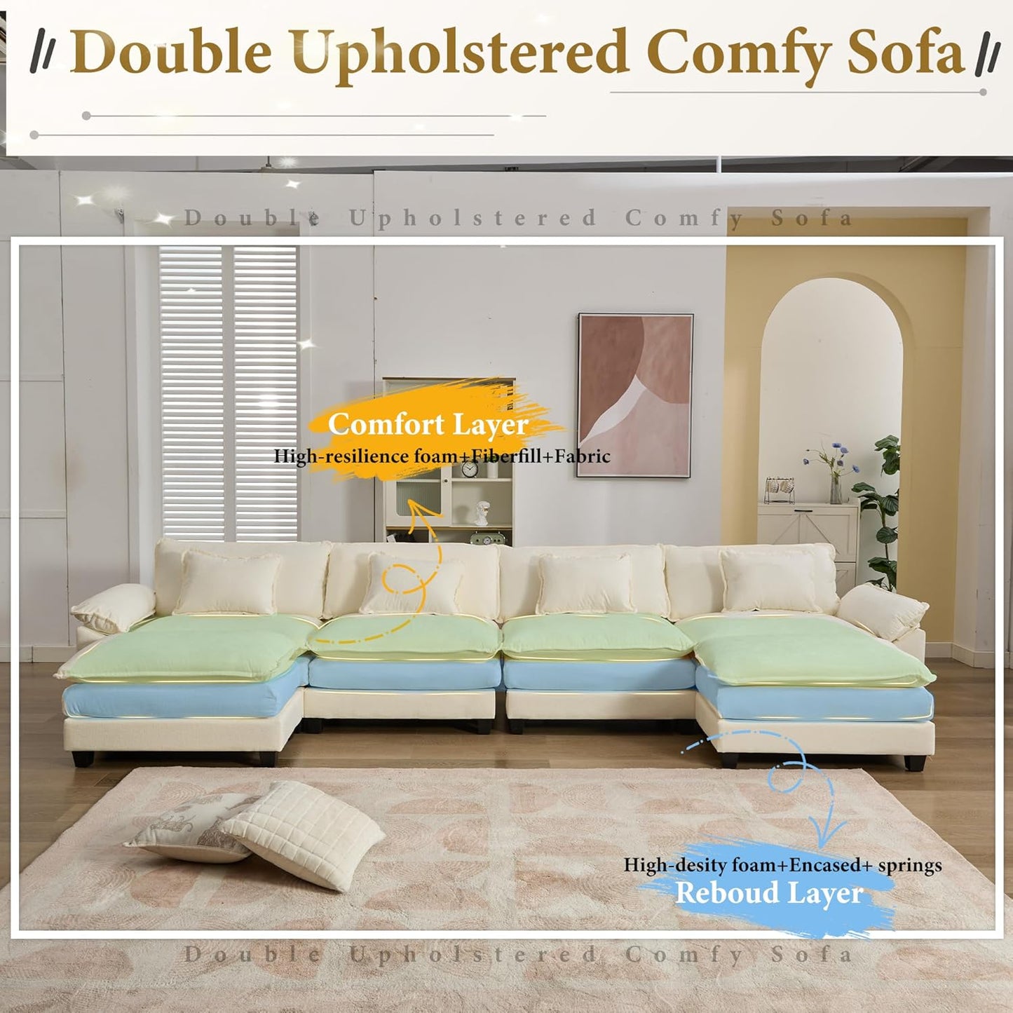URRED Modular Sectional Sofa Comfy Cloud Couch, Modern Chenille Sofa Sleeper Deep Seat Couches with Ottoman/Pillows for Living Room (White, 154'' - U Shape)