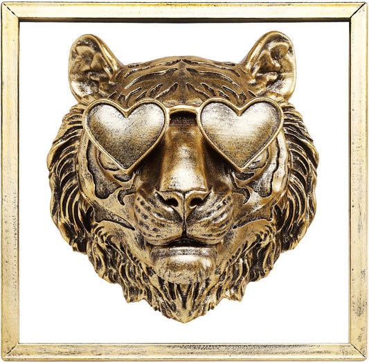 Animal Heads Wall Decor (Includes Metal Frame) Resin Animals Sculptures Head Wall Hanging Decoration Gold vintage Wall Sculpture for Living Room Bedroom Office(Tiger)