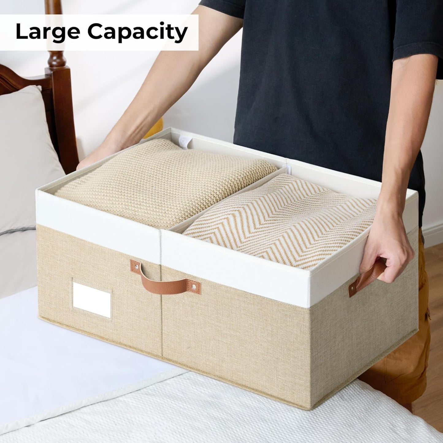 GRANNY SAYS Decorative Storage Boxes with Lid, Large Storage Bins with Double-Open Lid and Divider, Fabric Storage Bin for Clothes, 63L Closet Linen Storage Bin, White/Khaki