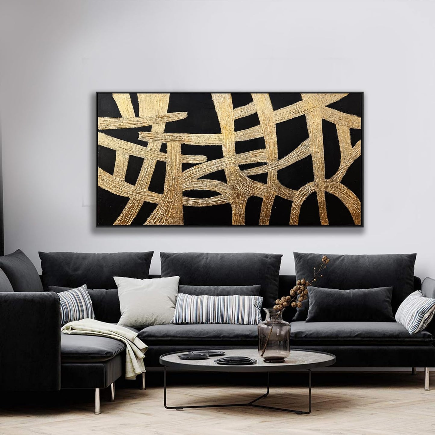 Abstract Canvas Wall Art Modern Artwork Canvas Prints Framed Canvas Picture Contemporary Wall Art Black And Gold Lines Texture Artwork Bedroom Living Room Office Decoration Ready To Hang 24x48