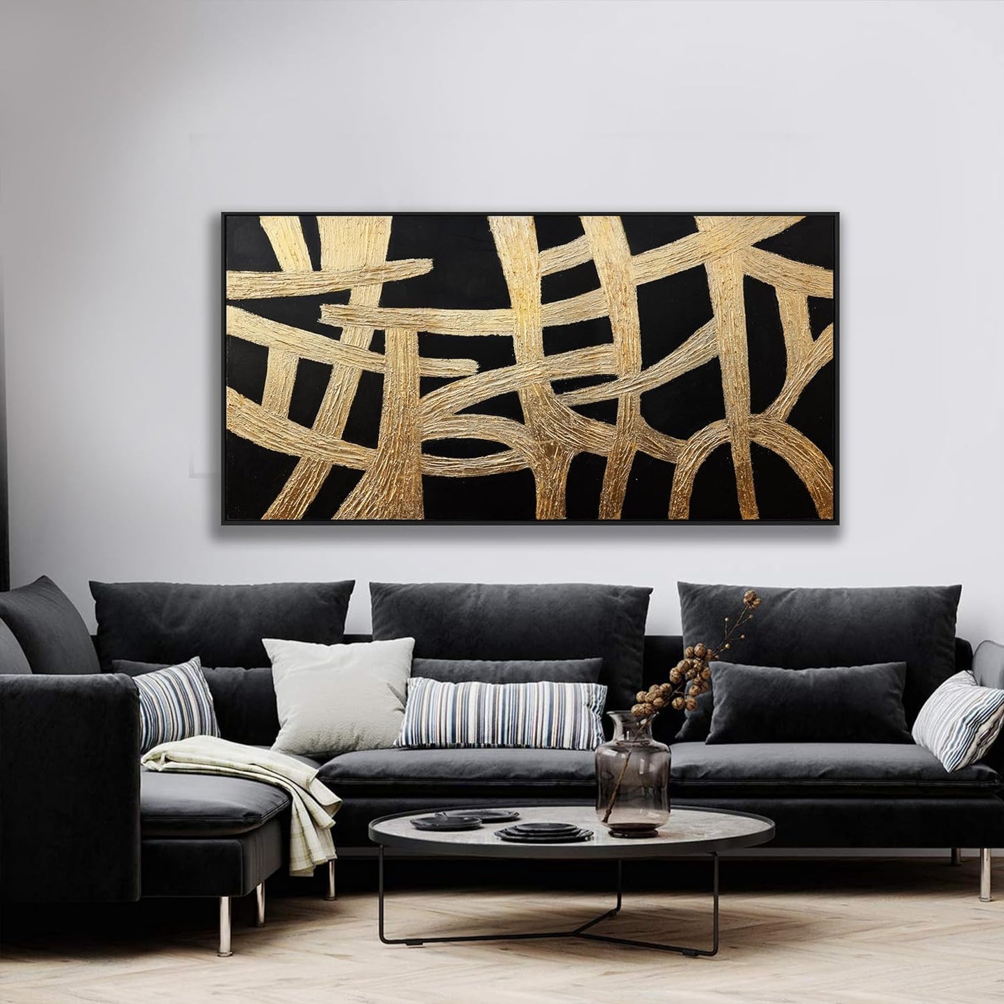 Abstract Wall Art Small Size Black And Gold Lines Texture Artwork Framed Home Decoration Artwork Decor Modern Minimalist Canvas Painting Living Room Decor For Bedroom Office Wall Decor 20"X40"