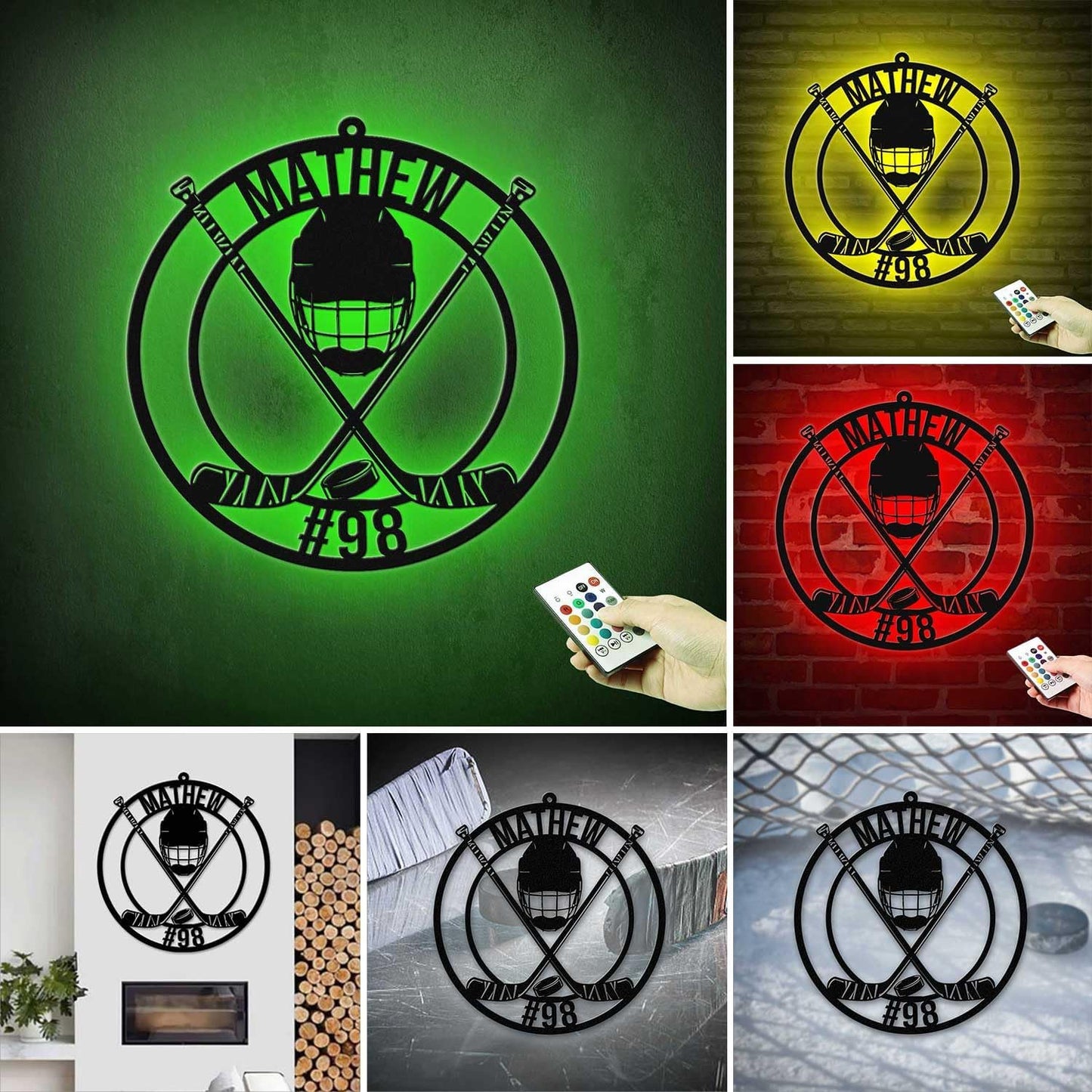 Custom Hockey Stick LED Sign – Personalized Name Signs, Neon Wall Light with Puck Metal Sign, Hockey Room Decor for Boys, Players, Man Cave, Fans, Coaches