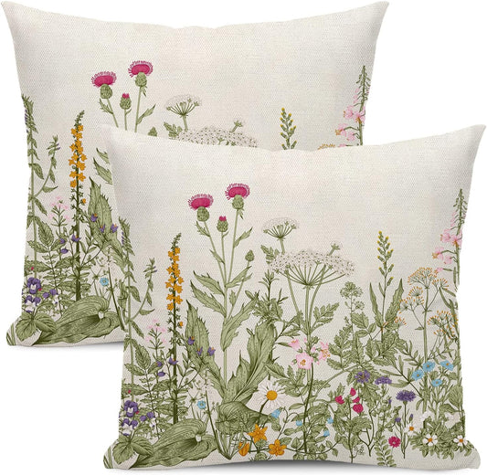 Spring Floral Pillow Covers 18 x 18 Inch Set of 2 Vintage Sage Green Wild Flowers Decor Throw Pillows Wildflower Plant Outdoor Farmhouse Decorative Cushion Cases for Couch Bed Sofa Decoration