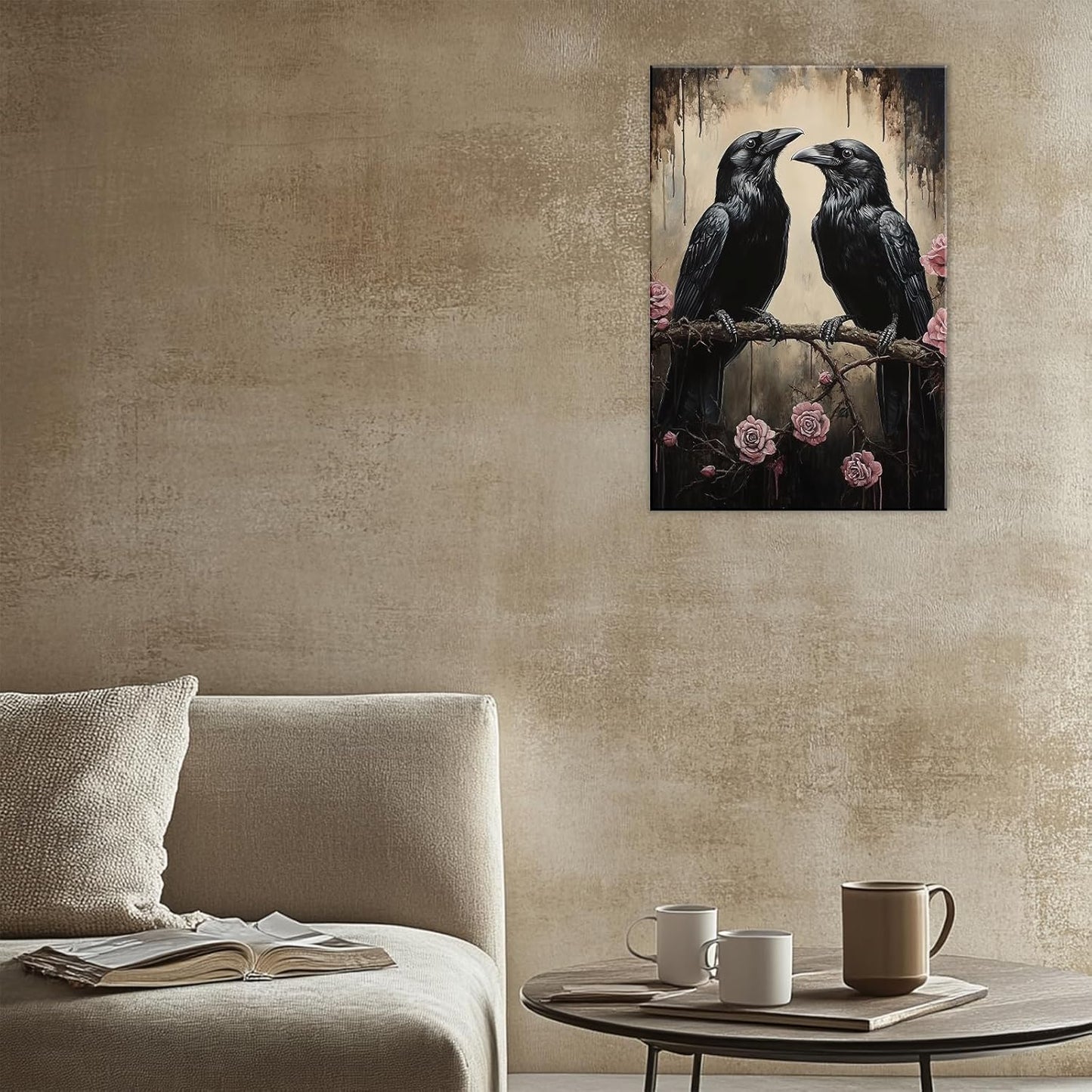 OAAPITI Crow Canvas Wall Art Black Raven Picture Print Pink Rose Poster Vintage Gothic Painting Artwork for Living Room Halloween Decor(Artwork-6,12"x18")