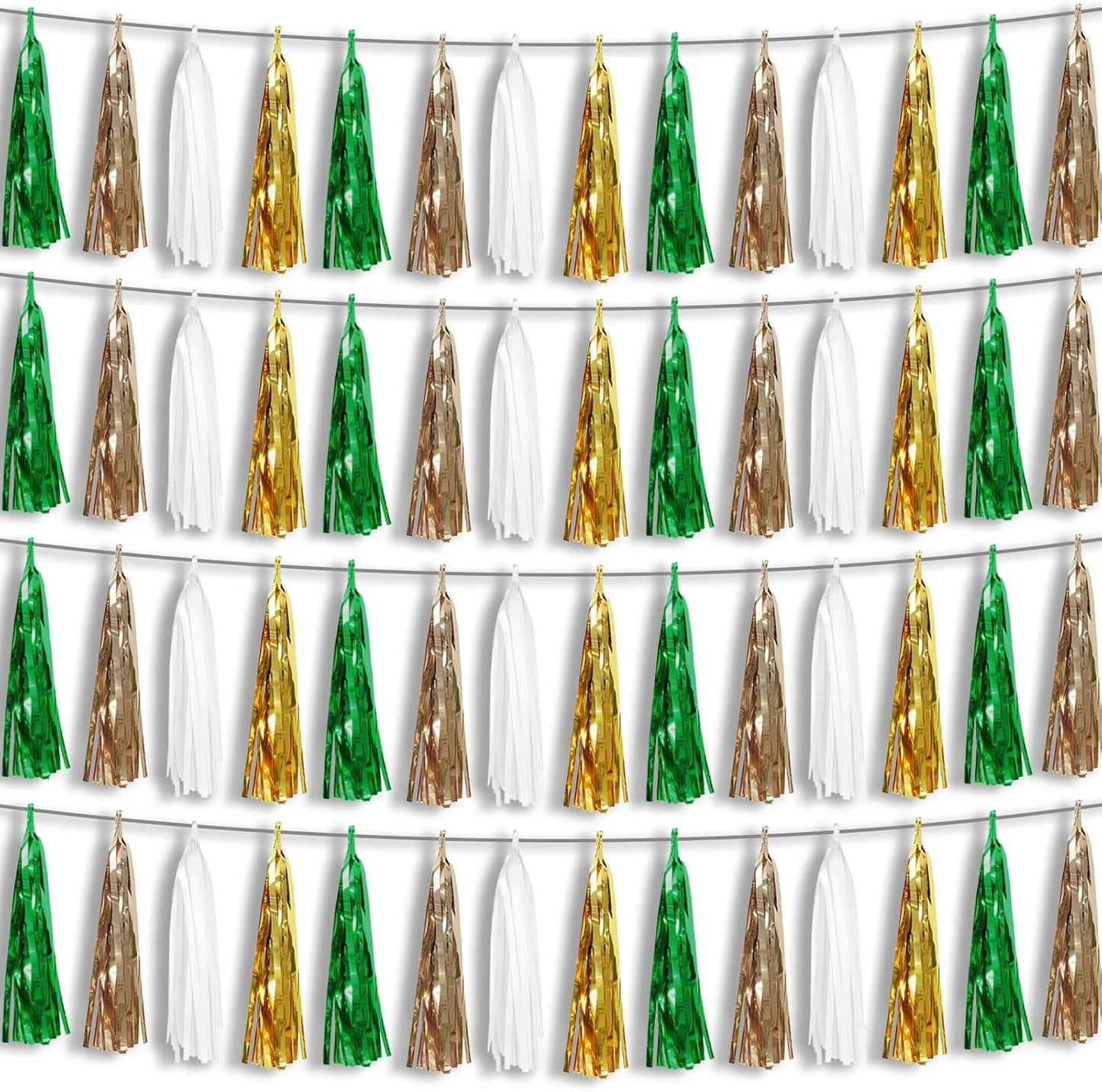 4P Sage-Green Beige-Mint Gold Foil Fringe Metallic Tassel Garland Banner, Tassels Banner Streamers for Parade Floats, Bachelorette, Wedding, Birthday, Christmas, Bridal/Baby Shower Party Decorations