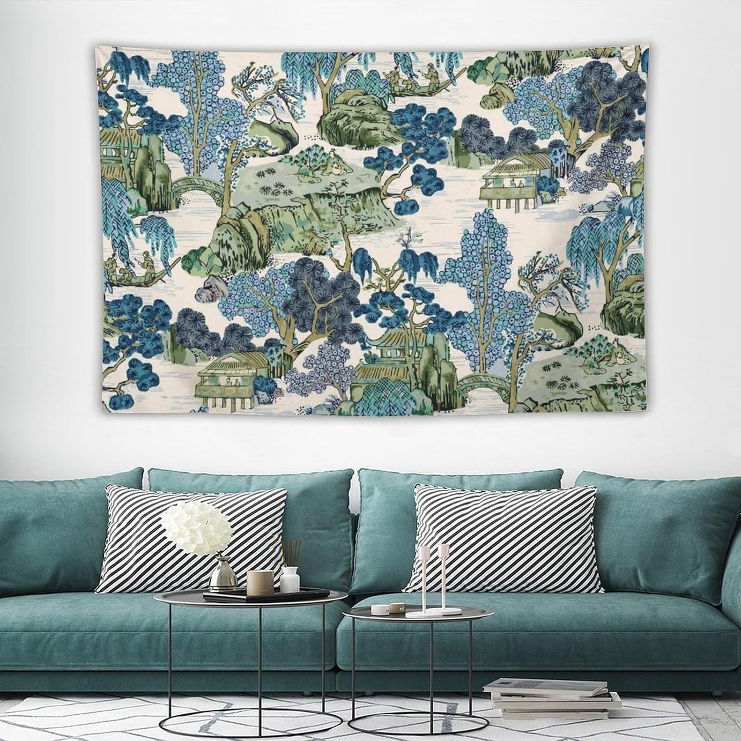 Chinoiserie Tapestry,Asian Watercolor Abstract Art Tapestry,Asian Japanese Wall Tapestry, Nature Landscape Tapestries for Bedroom Living Room Decor 60"x40"