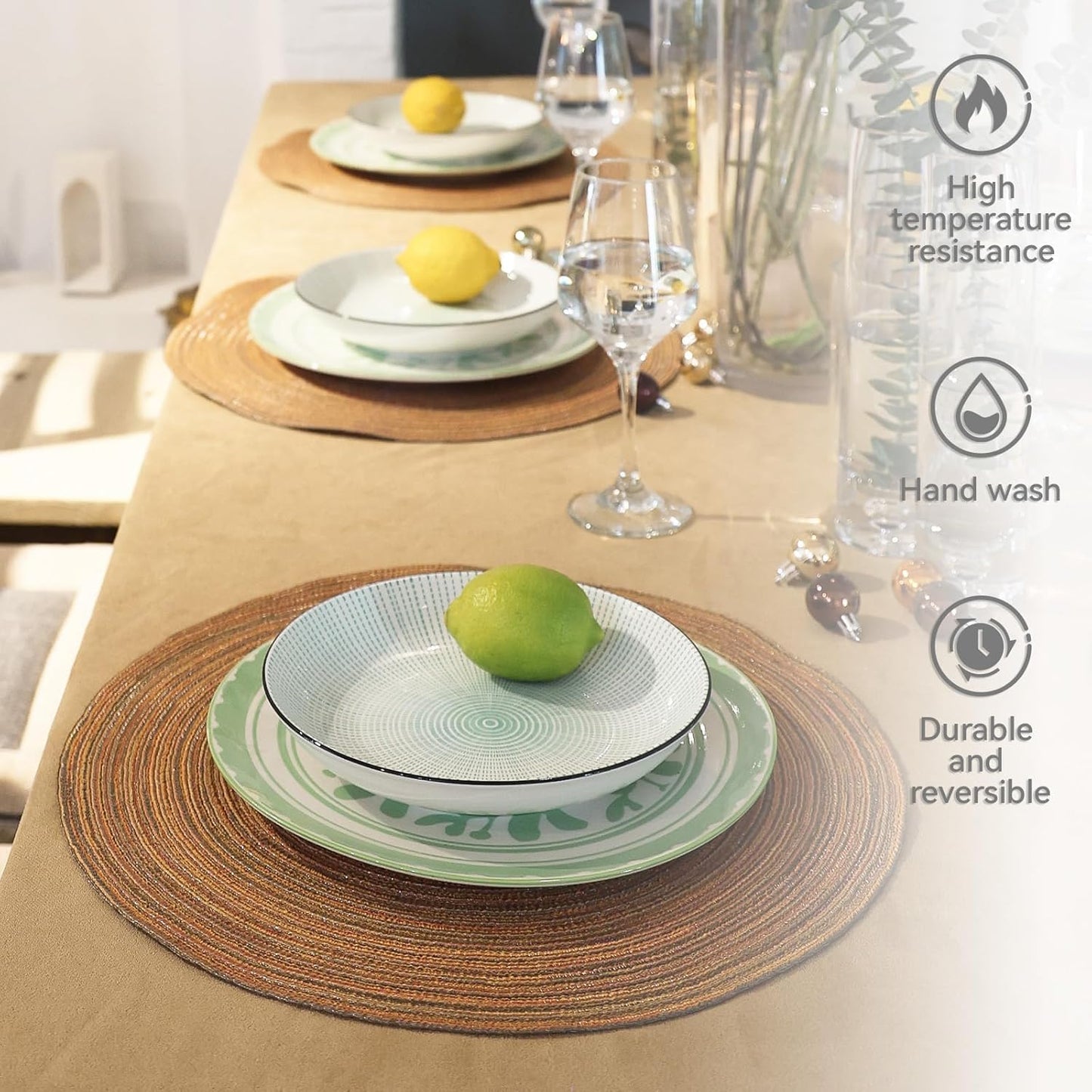 AHHFSMEI Round Braided Placemats Set of 6 Round Table Mats for Dining Tables Natural Woven Heat Resistant Place mats 15 Inch (Brown)