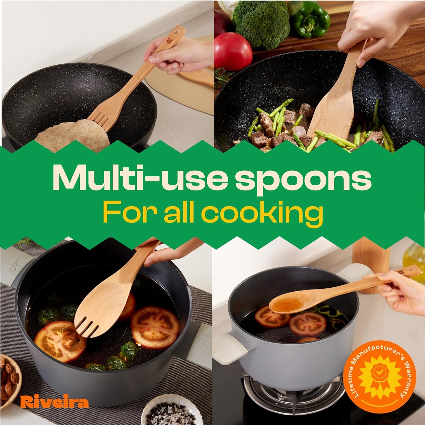 Riveira Cherry Wooden Spoons for Cooking Set of 6 – Natural Cherry Wooden Cooking Utensils, Wooden Spatula, Wooden Spoon - Premium Quality Wooden Utensil Set for Non-Toxic Cooking