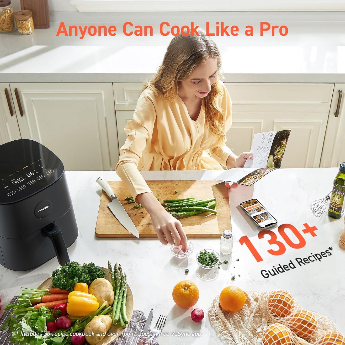COSORI Air Fryer Pro 9-in-1, Compact 5QT, 450℉: Half Time & Chef-Grade Cook, One-Wipe Clean Glass Panel, 130+ In-App Recipes with Nutritional Info, Nonstick & Dishwasher-Safe Basket, Ceramic, Gray
