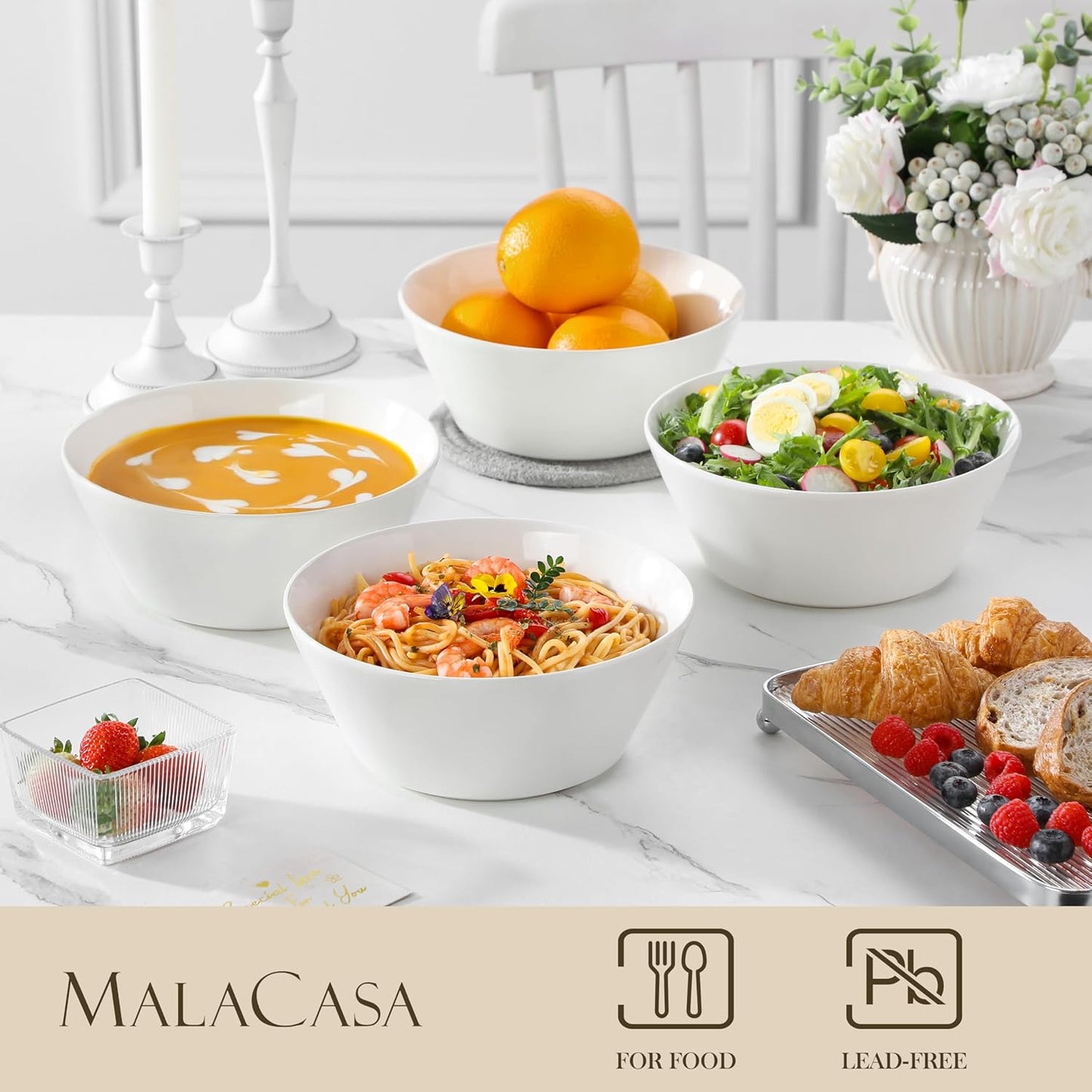 MALACASA Large Salad & Soup Bowls - Set of 4, 60 OZ Porcelain White Bowls for Ramen, Pasta, Pho - Microwave & Dishwasher Safe