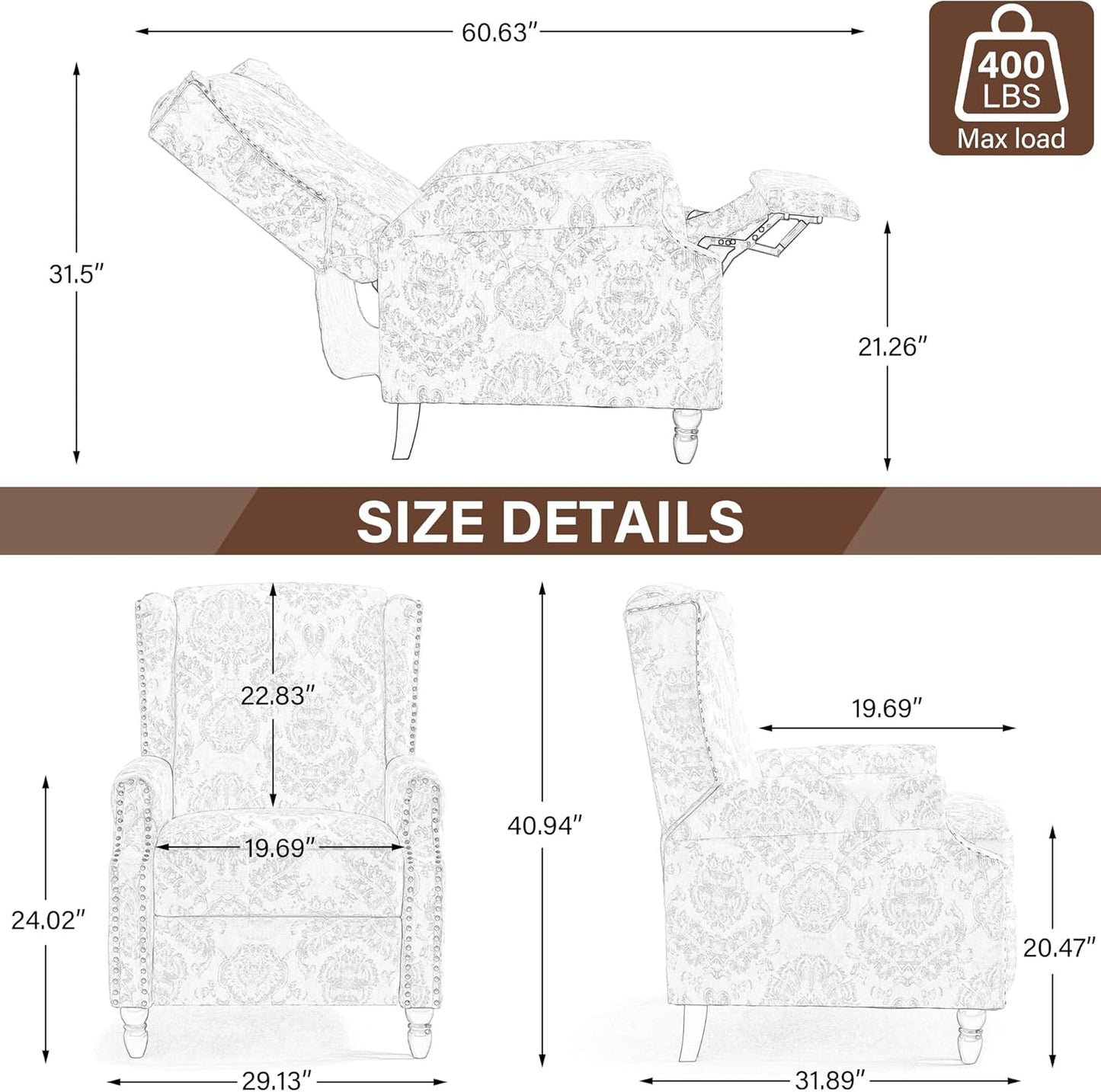 UIXE Pushback Recliner Chair, Fabric Upholstered Armchair Push Back Accent Chair for Living Room, Rivet Trim Home Theater Single Sofa Bedroom Reading Seat with Footrest - Beige Floral